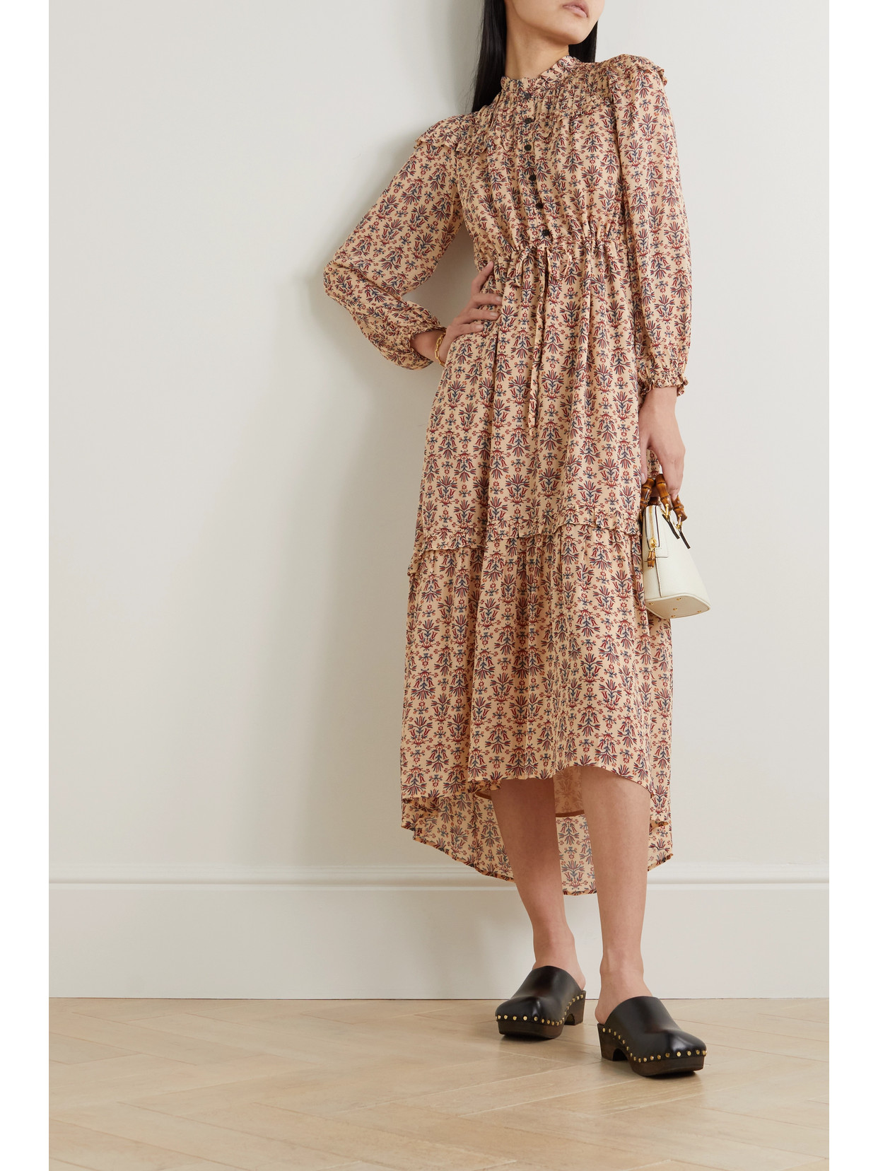 Cefinn Isla Printed Ruched Crepe Maxi Dress In Gray