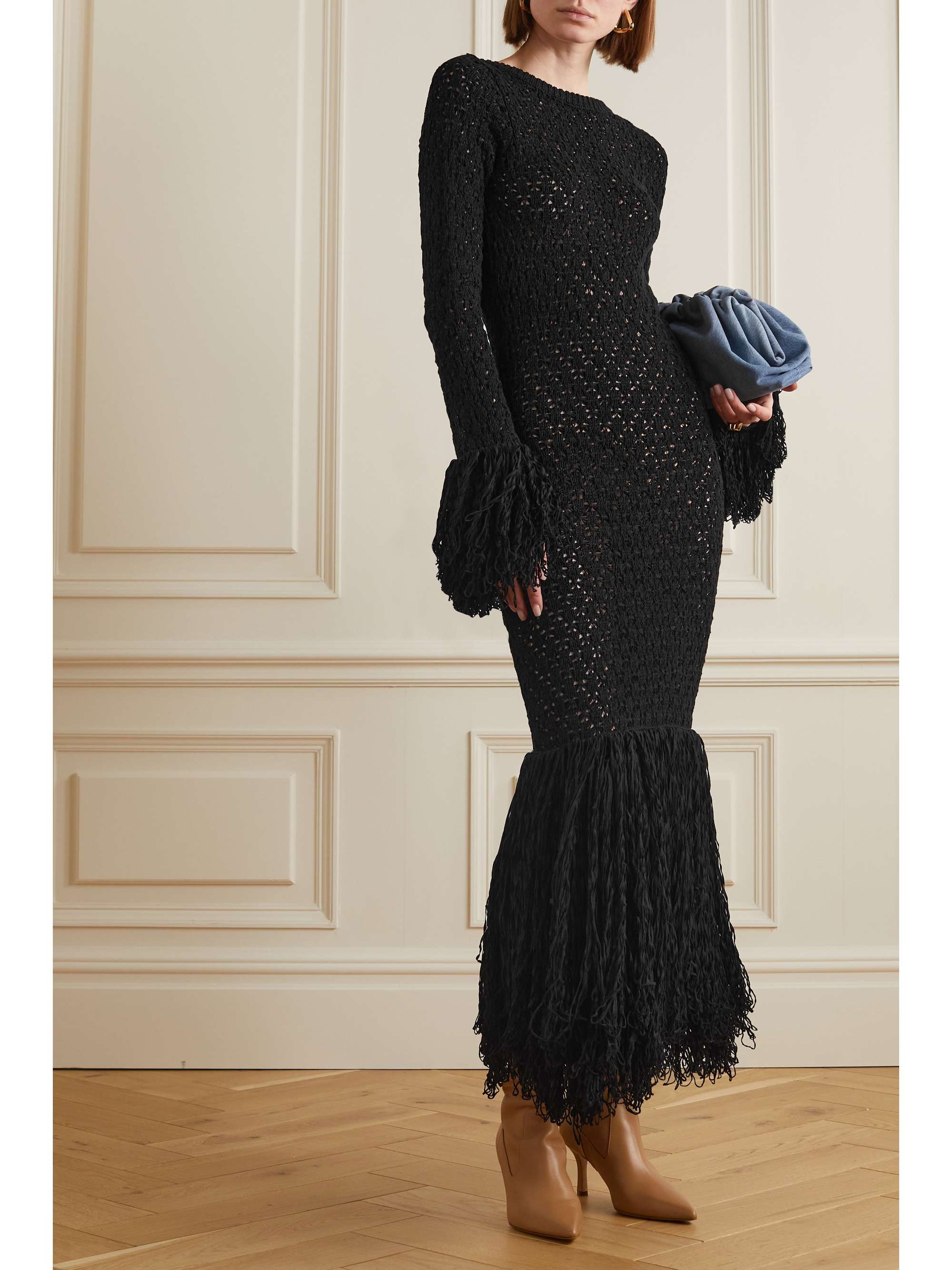 ROTATE BIRGER CHRISTENSEN Robe longue dos ouvert en coton biologique mélangé à franges Cille
