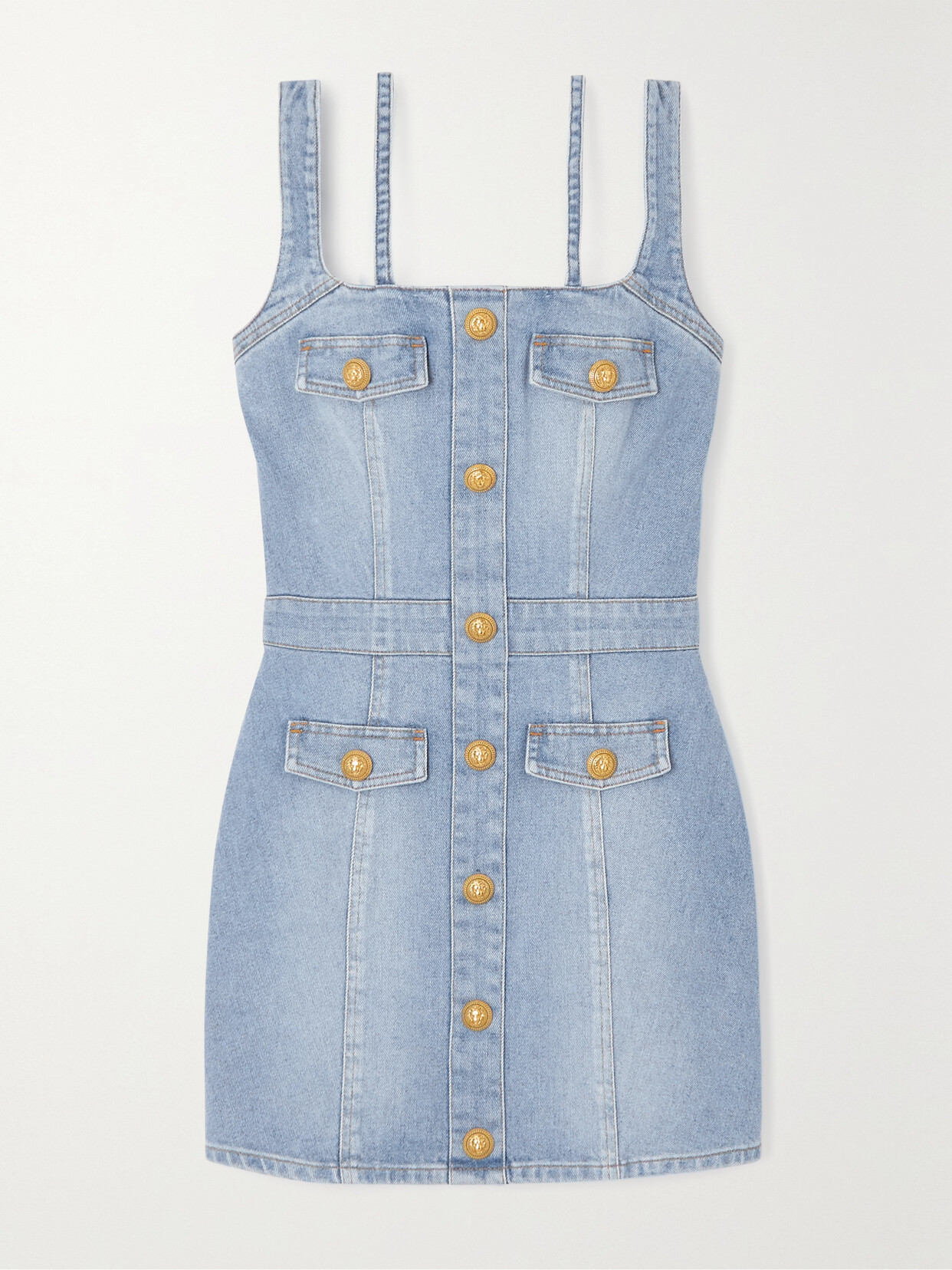 Balmain - Button-embellished Stretch-denim Mini Dress - Blue