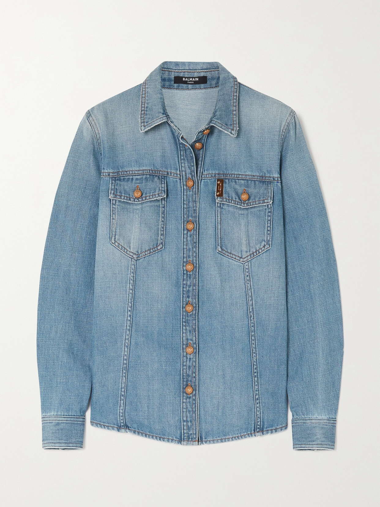 Balmain Embellished Distressed Denim Shirt In Blue ModeSens