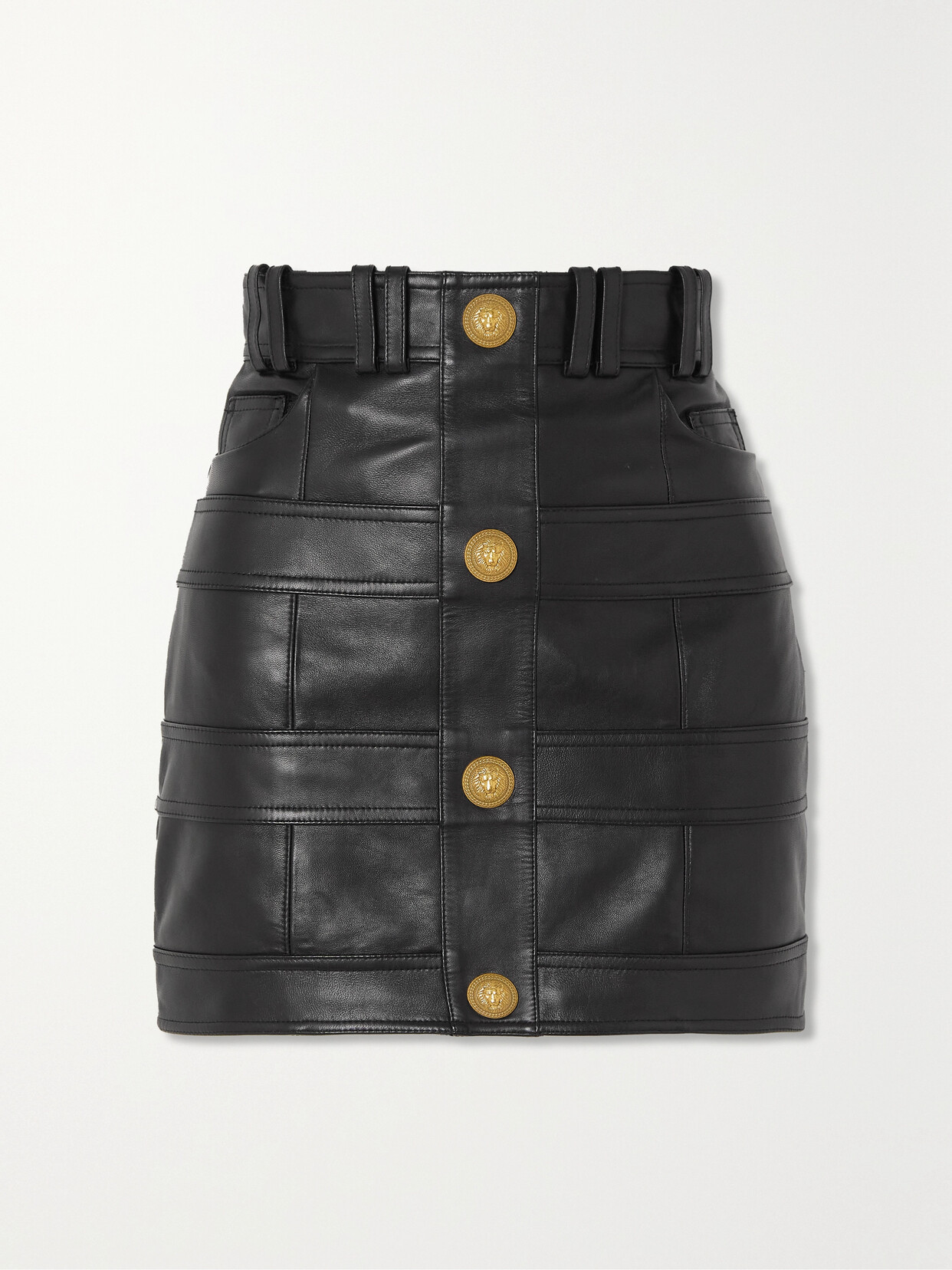 Balmain - Button-embellished Paneled Leather Mini Skirt - Black