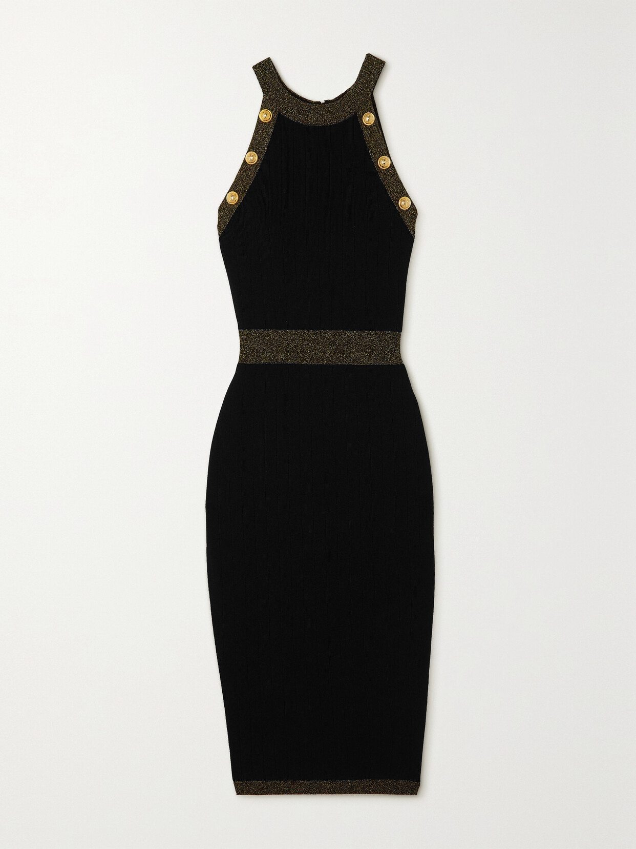 Balmain - Button-embellished Metallic Ribbed-knit Midi Dress - Black