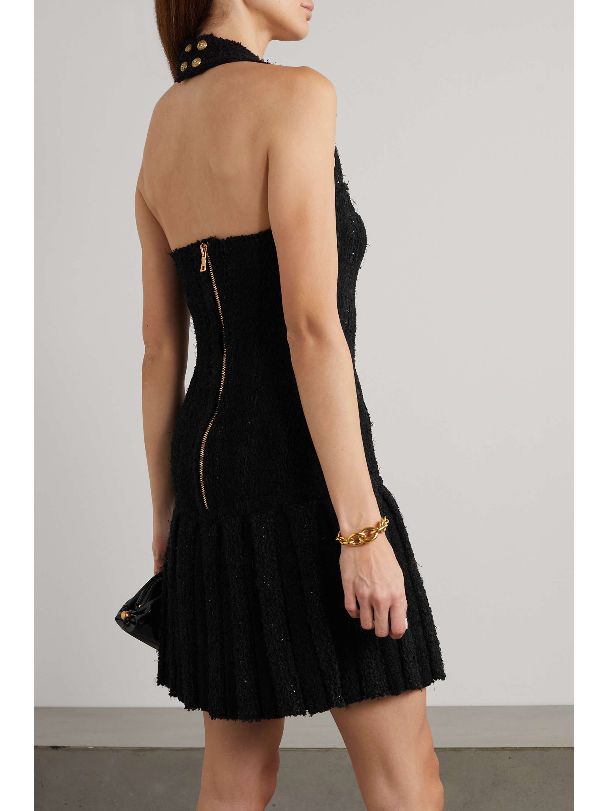 BALMAIN Embellished pleated tweed halterneck mini dress