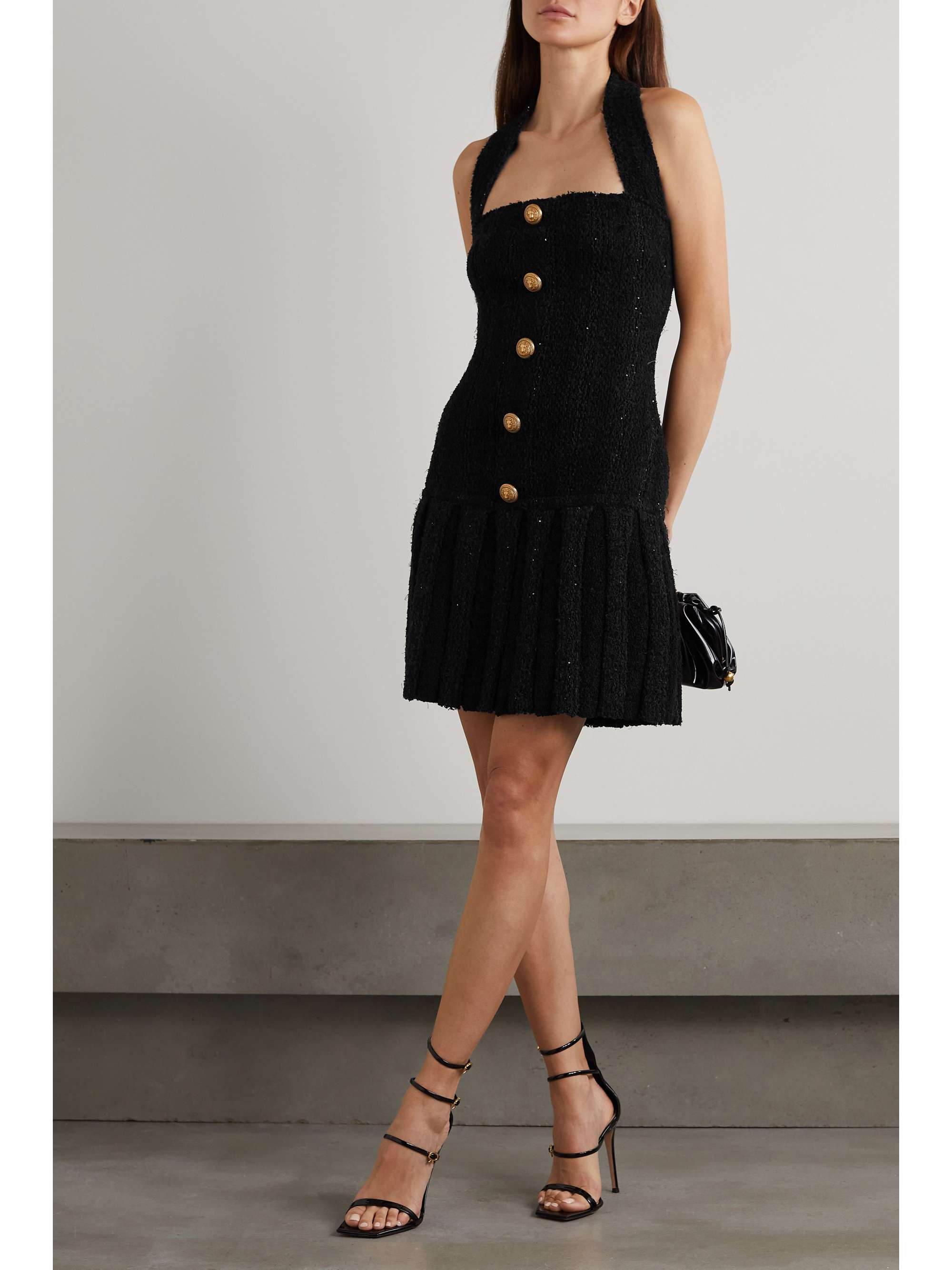 BALMAIN Embellished pleated tweed halterneck mini dress