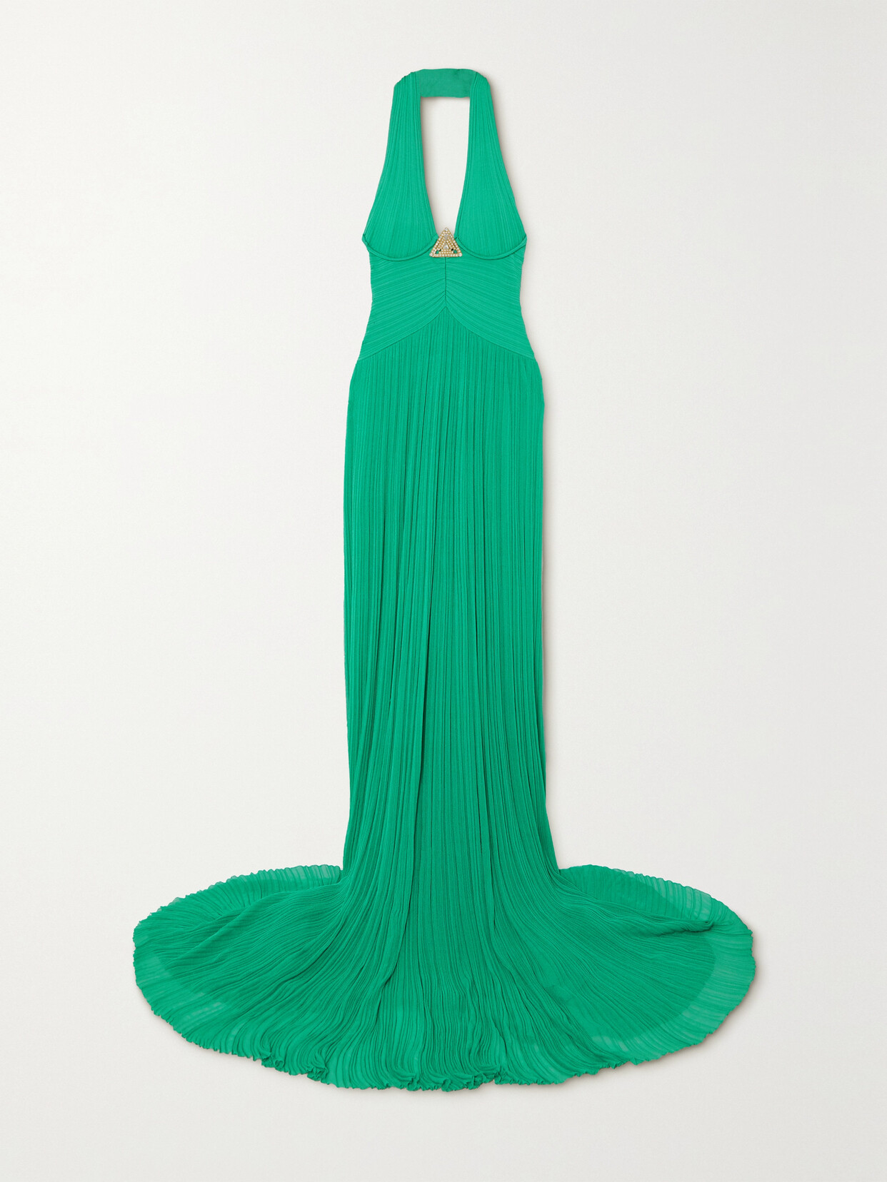 Balmain - Embellished Halterneck Plissé-knitted Gown - Green