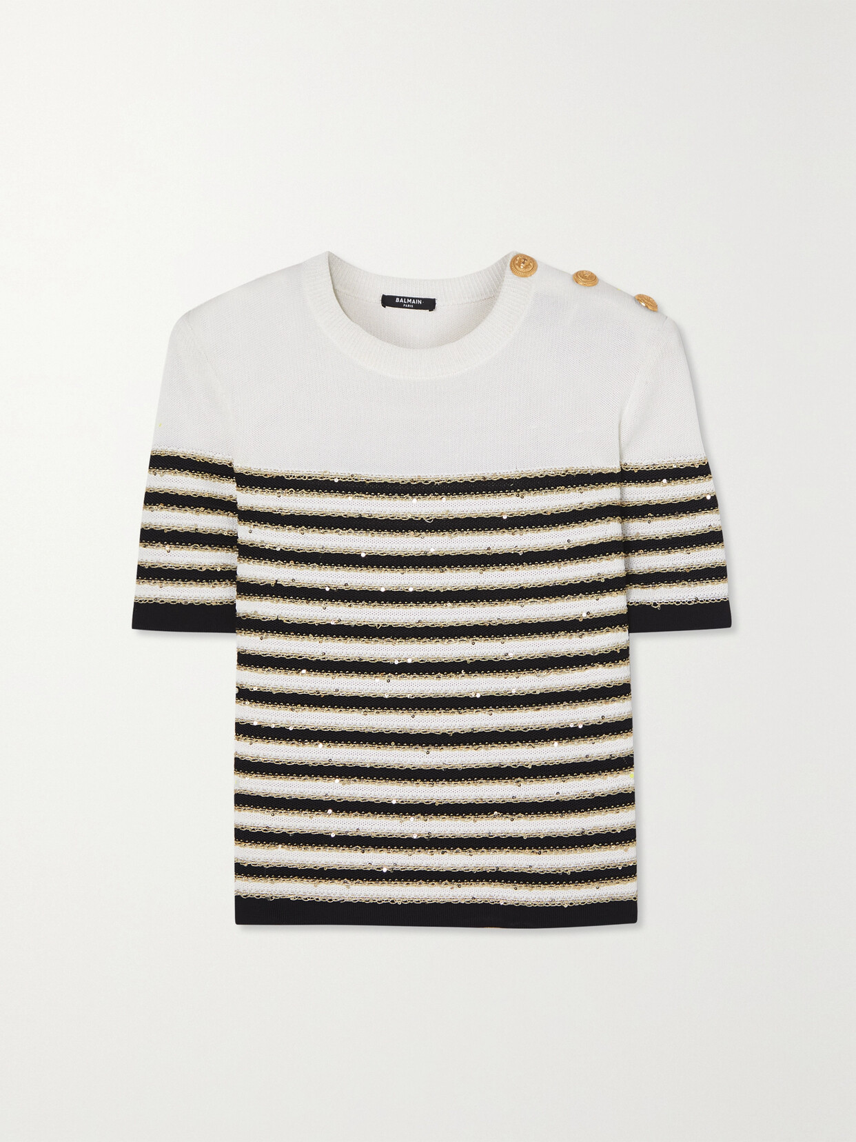 Balmain - Button-embellished Metallic Striped Knitted T-shirt - White