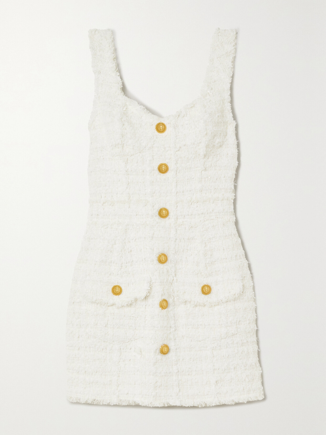 Balmain - Button-embellished Metallic Cotton-blend Bouclé Mini Dress - White