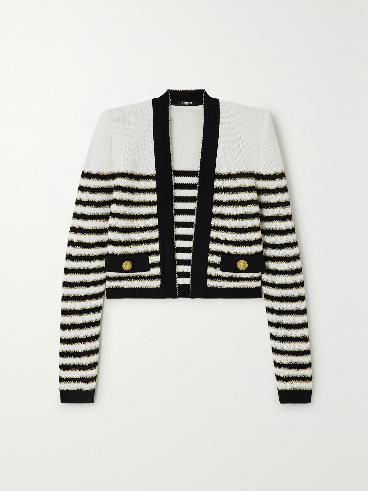 Balmain - Button-embellished Metallic Striped Knitted Cardigan - White