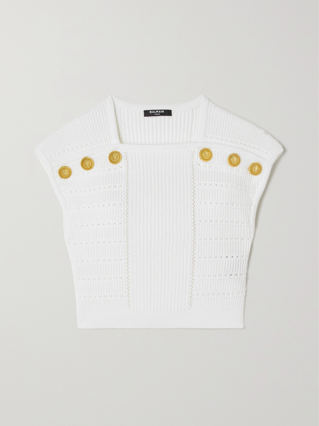 Balmain - Cropped Button-embellished Ribbed-knit Top - White