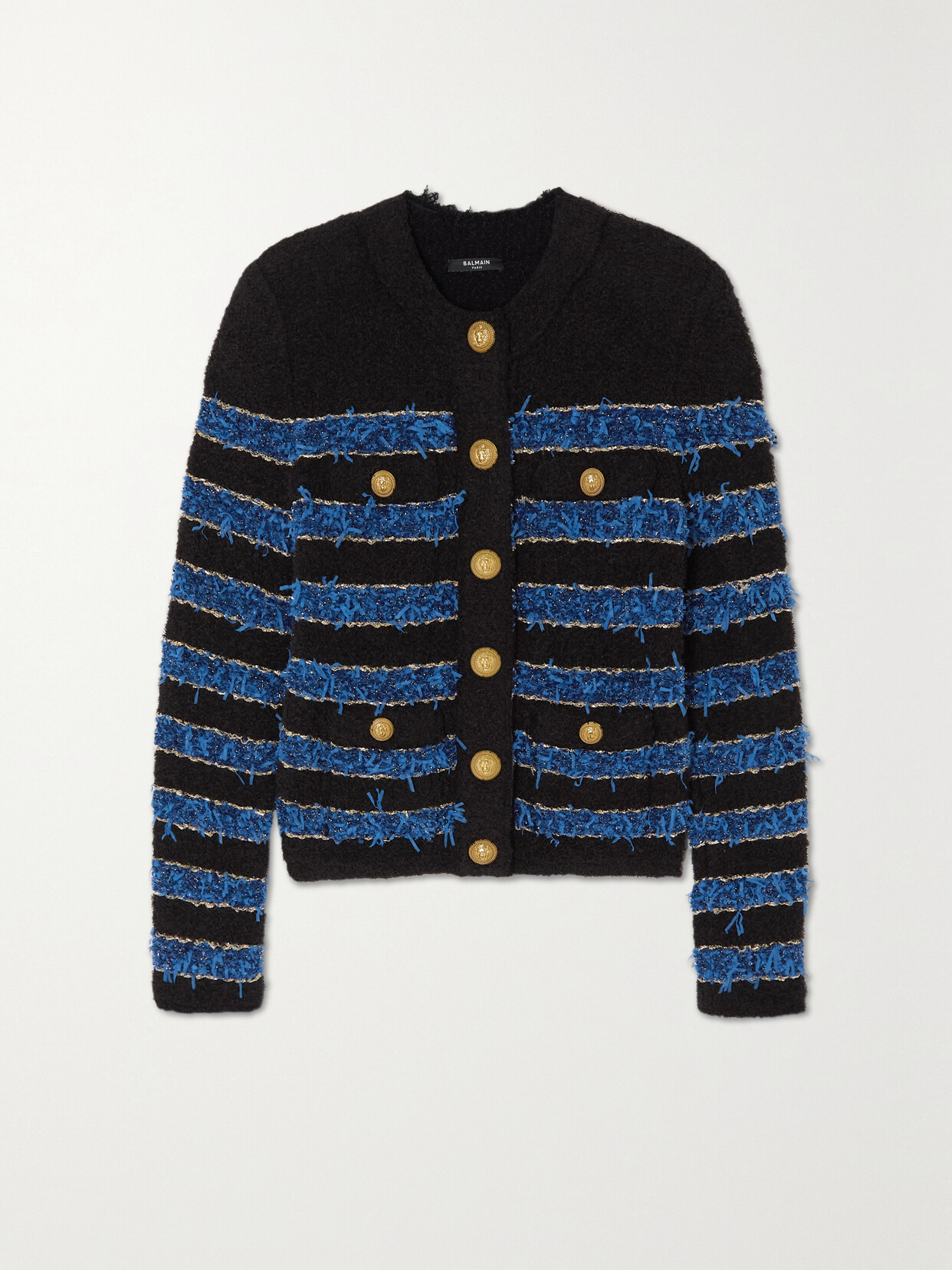 Balmain - Button-embellished Striped Metallic Bouclé Jacket - Blue