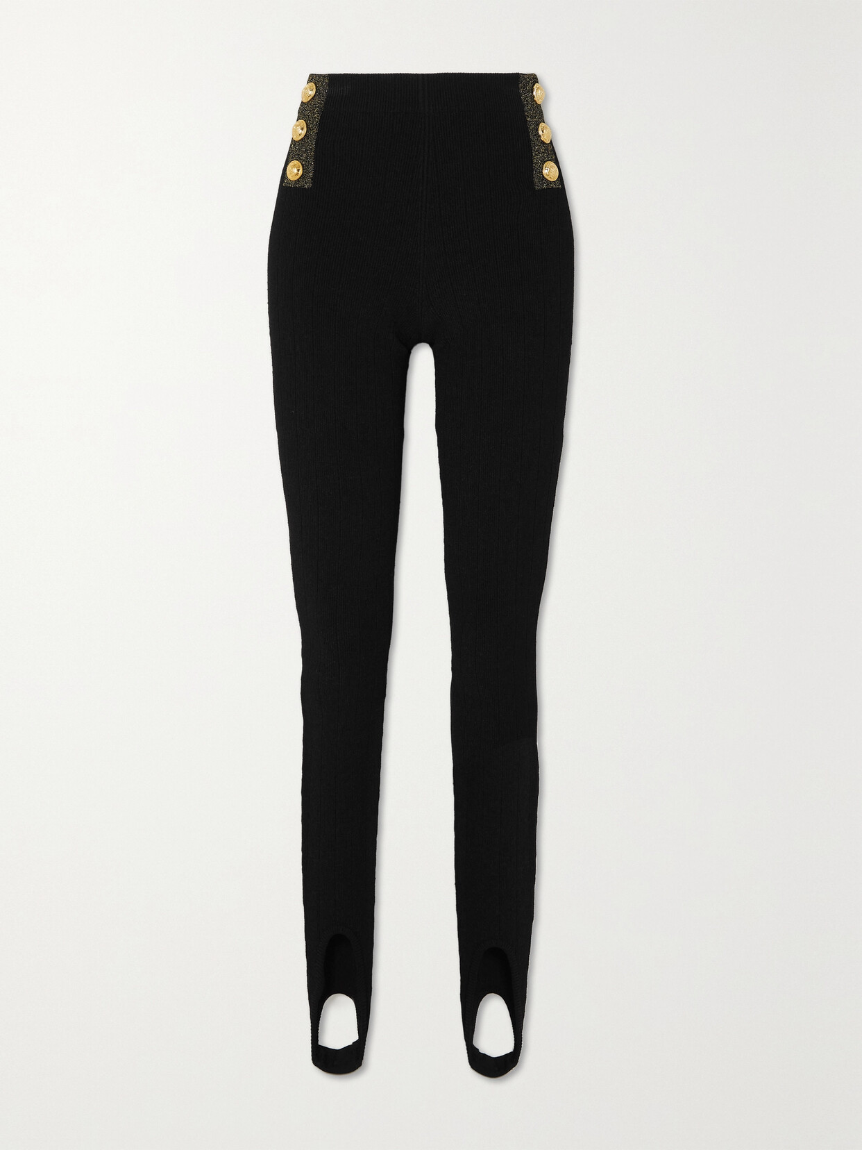 Balmain - Button-embellished Metallic Ribbed-knit Stirrup Leggings - Black