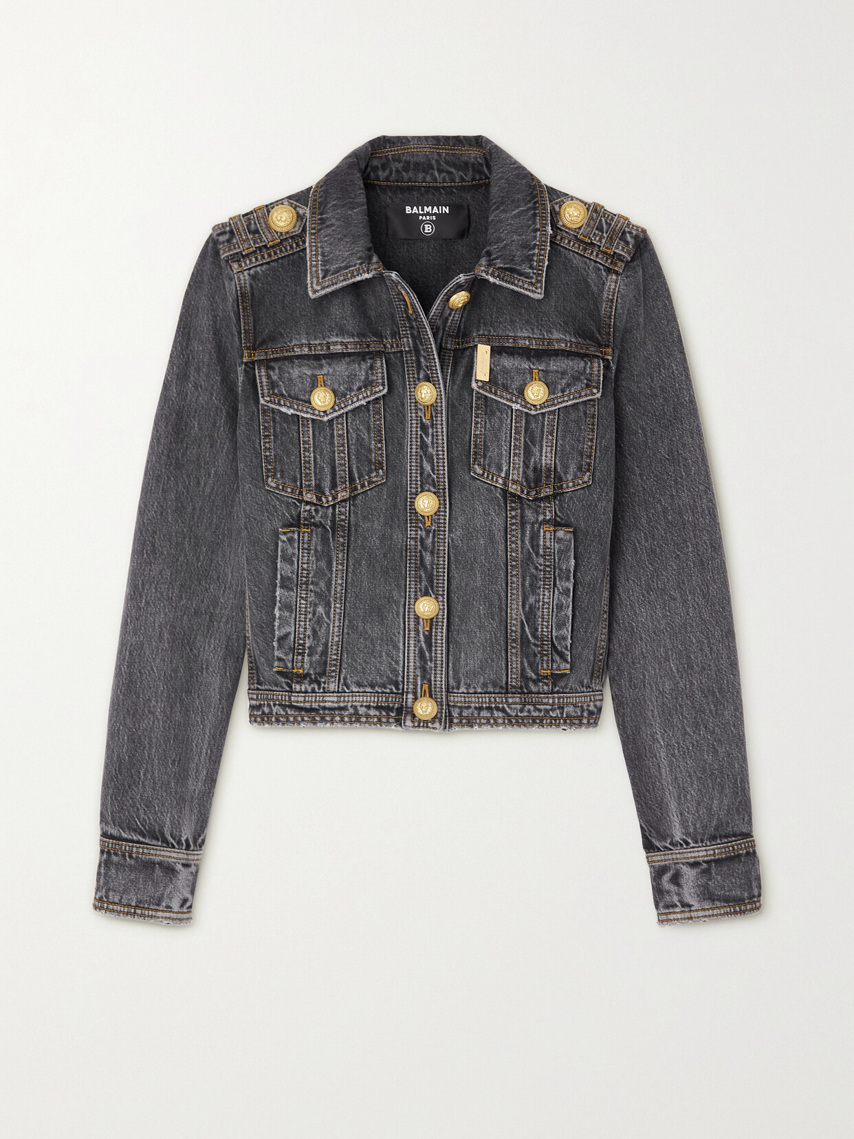 BALMAIN CROPPED BUTTON-EMBELLISHED DISTRESSED DENIM JACKET