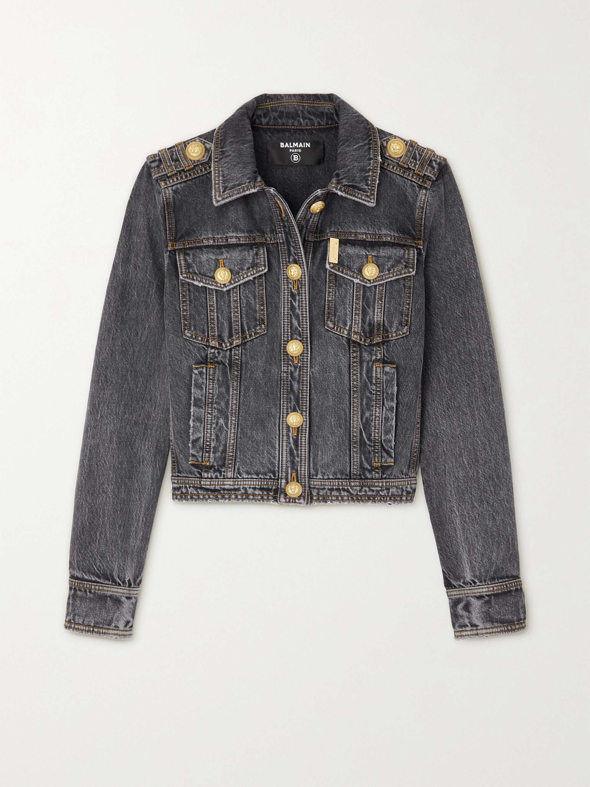 BALMAIN Cropped button-embellished distressed denim jacket | NET-A-PORTER