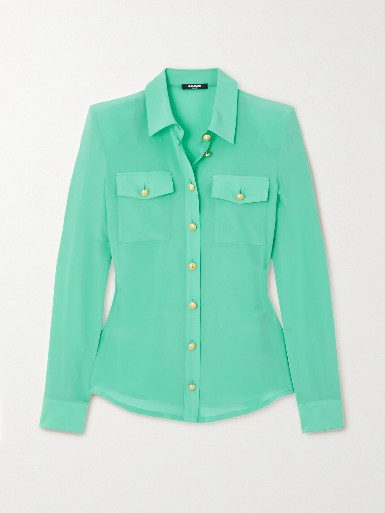 Balmain - Button-embellished Silk Crepe De Chine Shirt - Blue