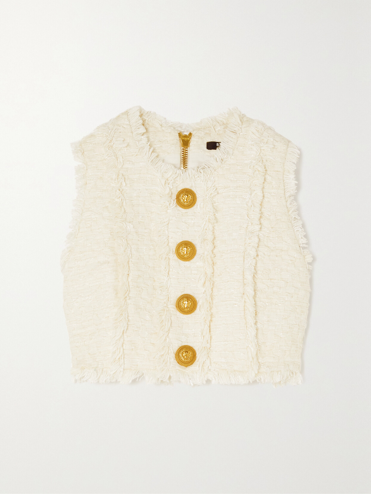 Balmain - Cropped Button-embellished Frayed Cotton-blend Tweed Top - White