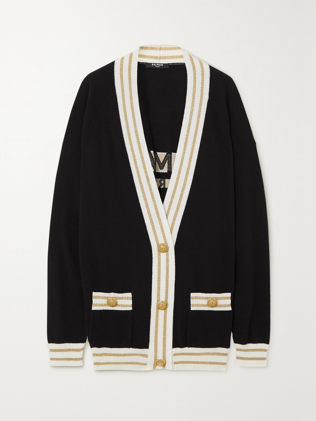 Balmain - Button-embellished Metallic Wool-blend Cardigan - Black