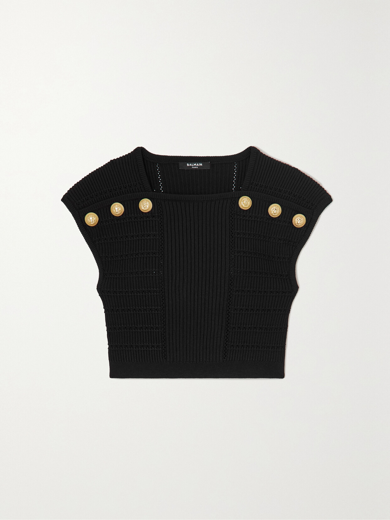 Balmain - Cropped Button-embellished Ribbed-knit Top - Black