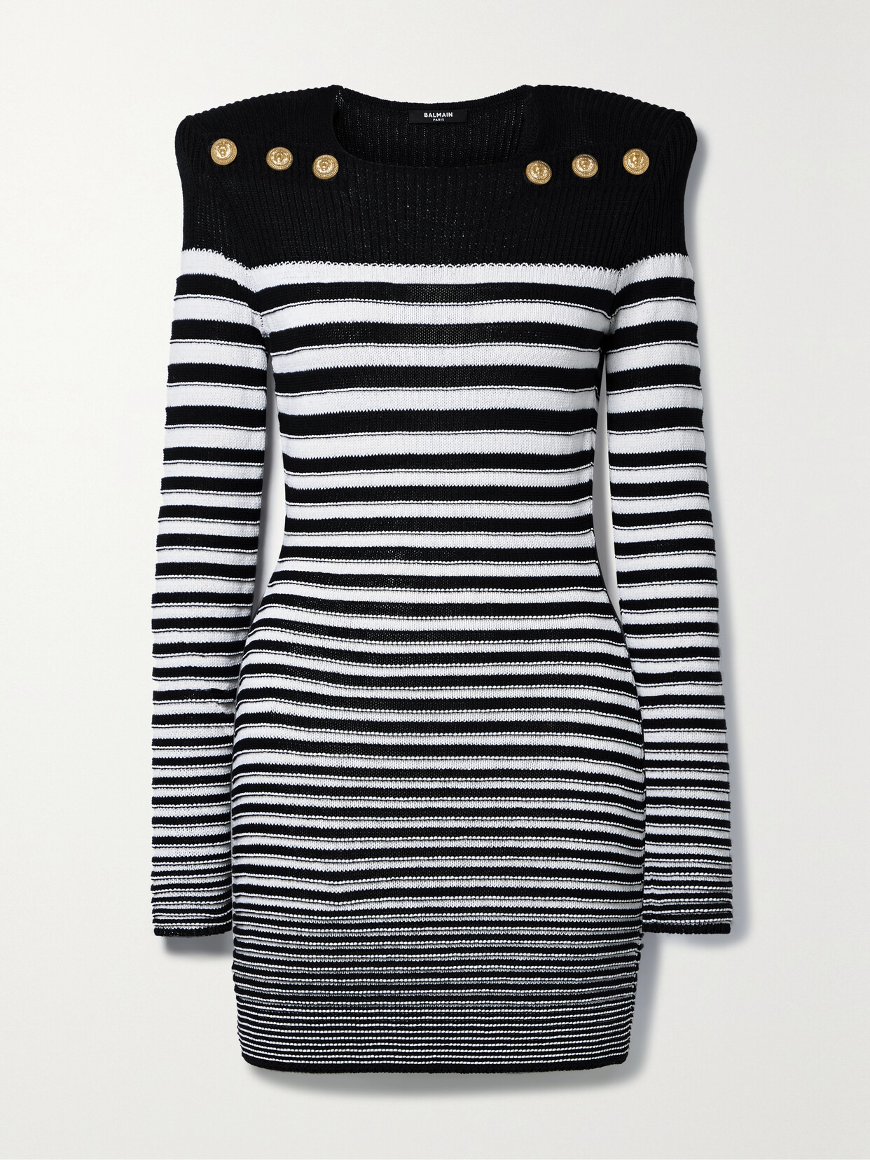 Balmain - Button-embellished Striped Ribbed Cotton-blend Mini Dress - Black