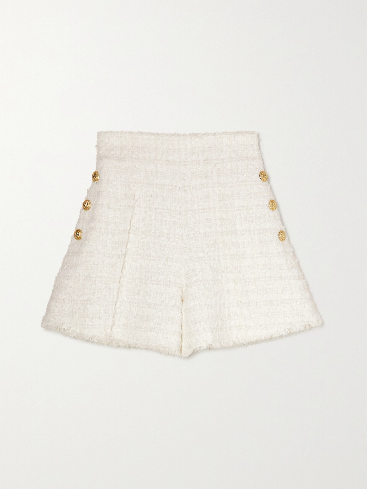 BALMAIN BUTTON-EMBELLISHED FRAYED TWEED SHORTS