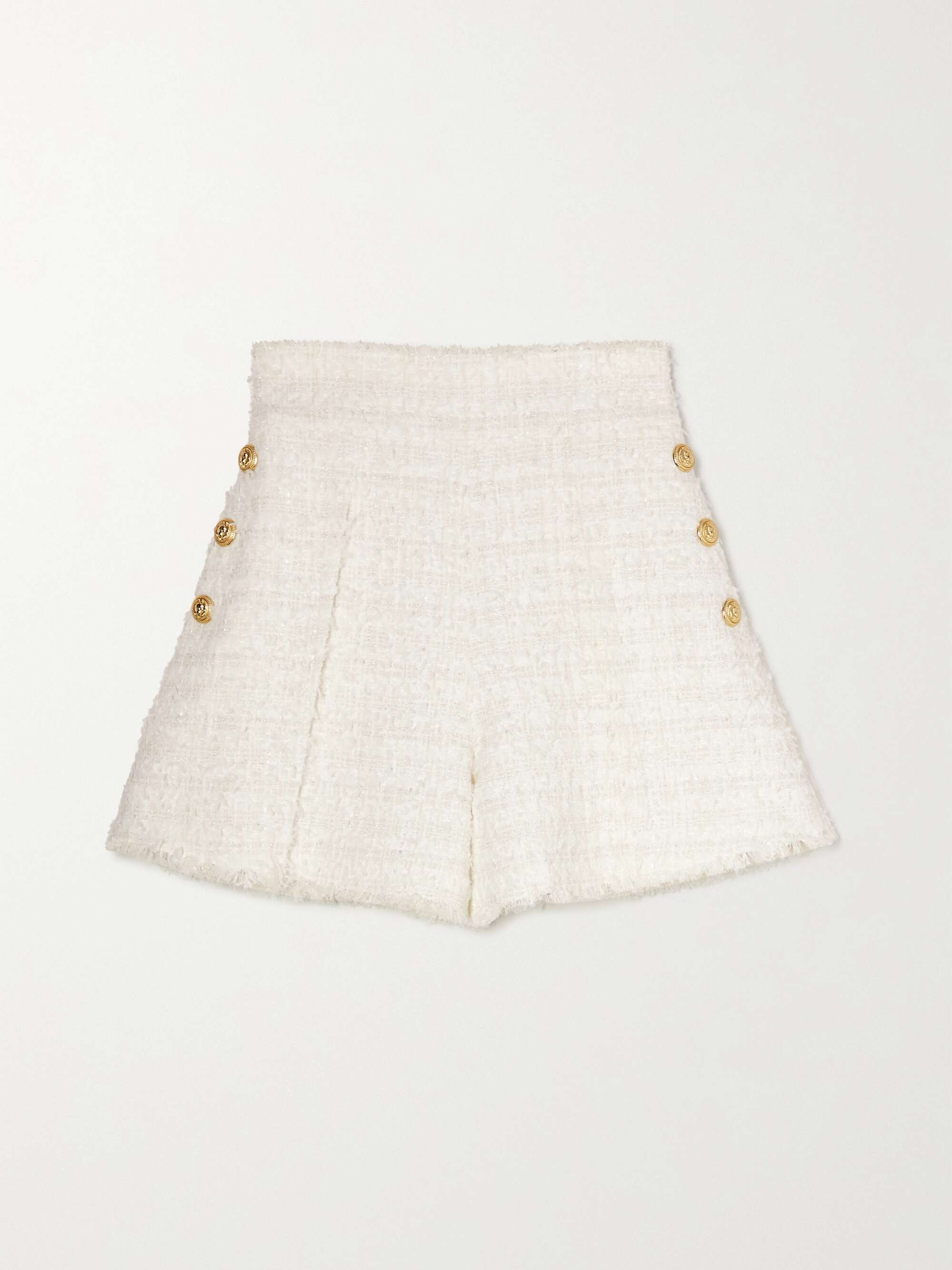 BALMAIN Button-embellished frayed tweed shorts | NET-A-PORTER