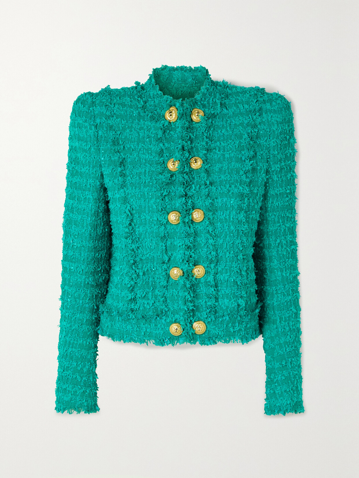 Balmain Fringed Cotton-blend Tweed Jacket In Blue