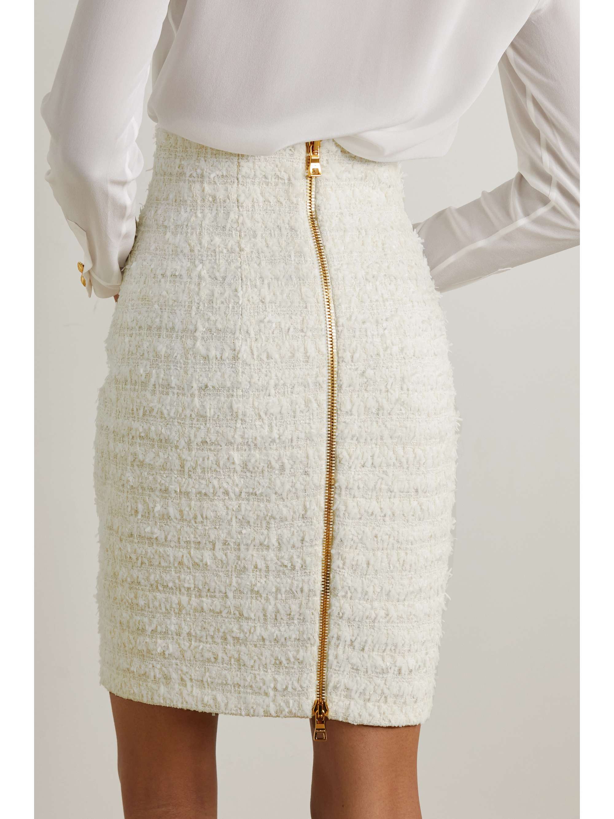 BALMAIN Button-embellished metallic cotton-blend tweed mini skirt