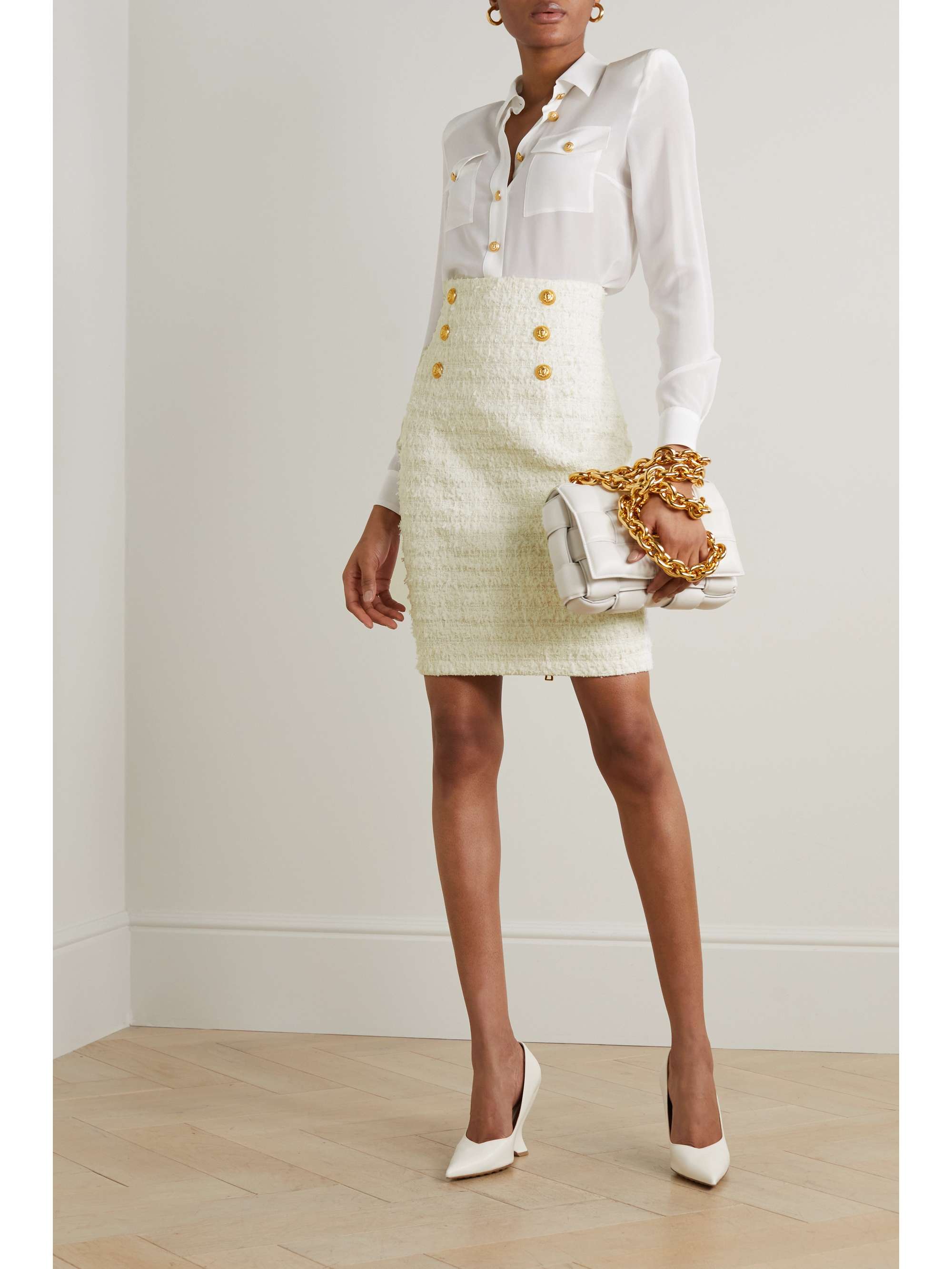 BALMAIN Button-embellished metallic cotton-blend tweed mini skirt