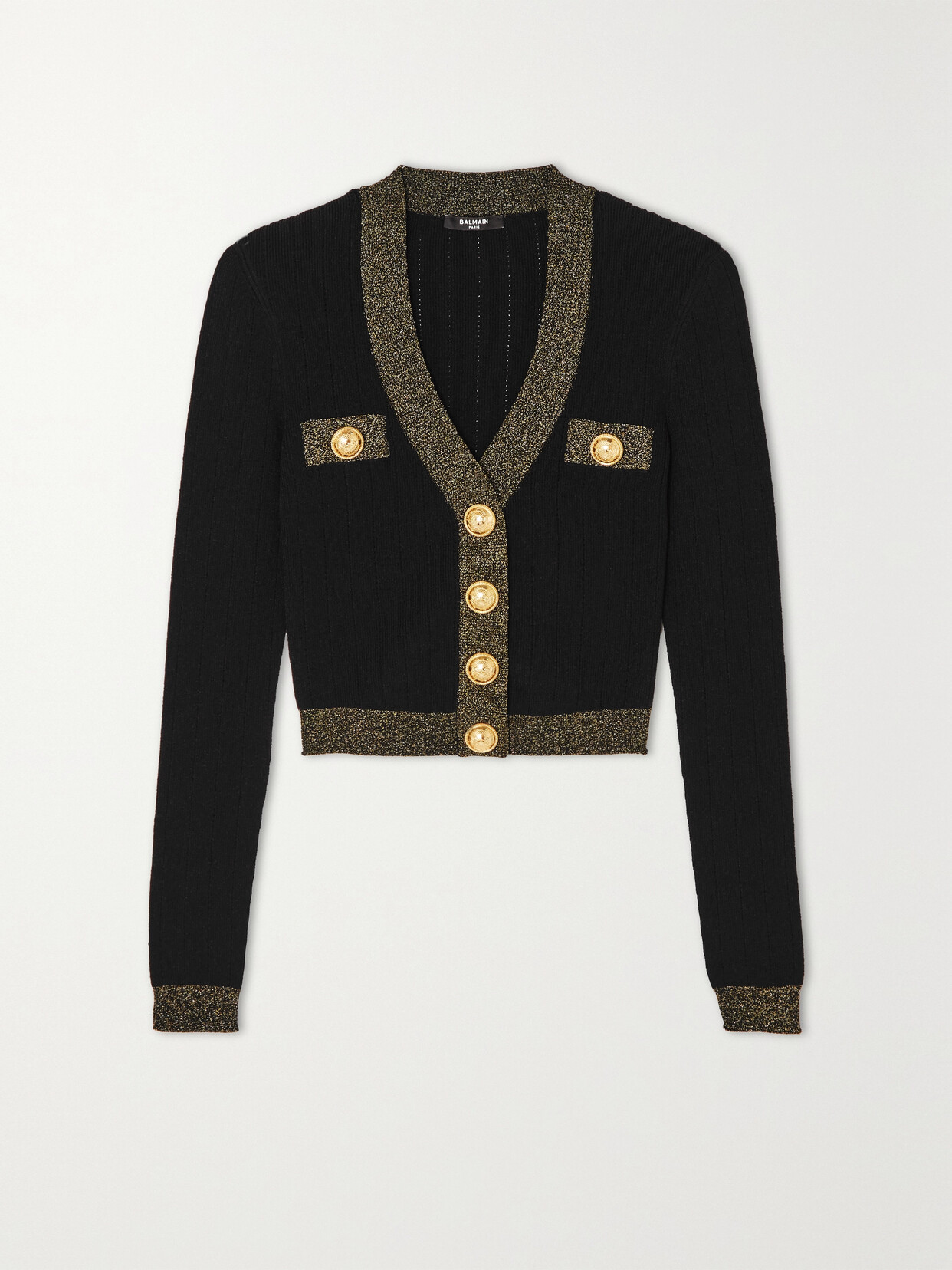 BALMAIN METALLIC RIBBED WOOL-BLEND CARDIGAN