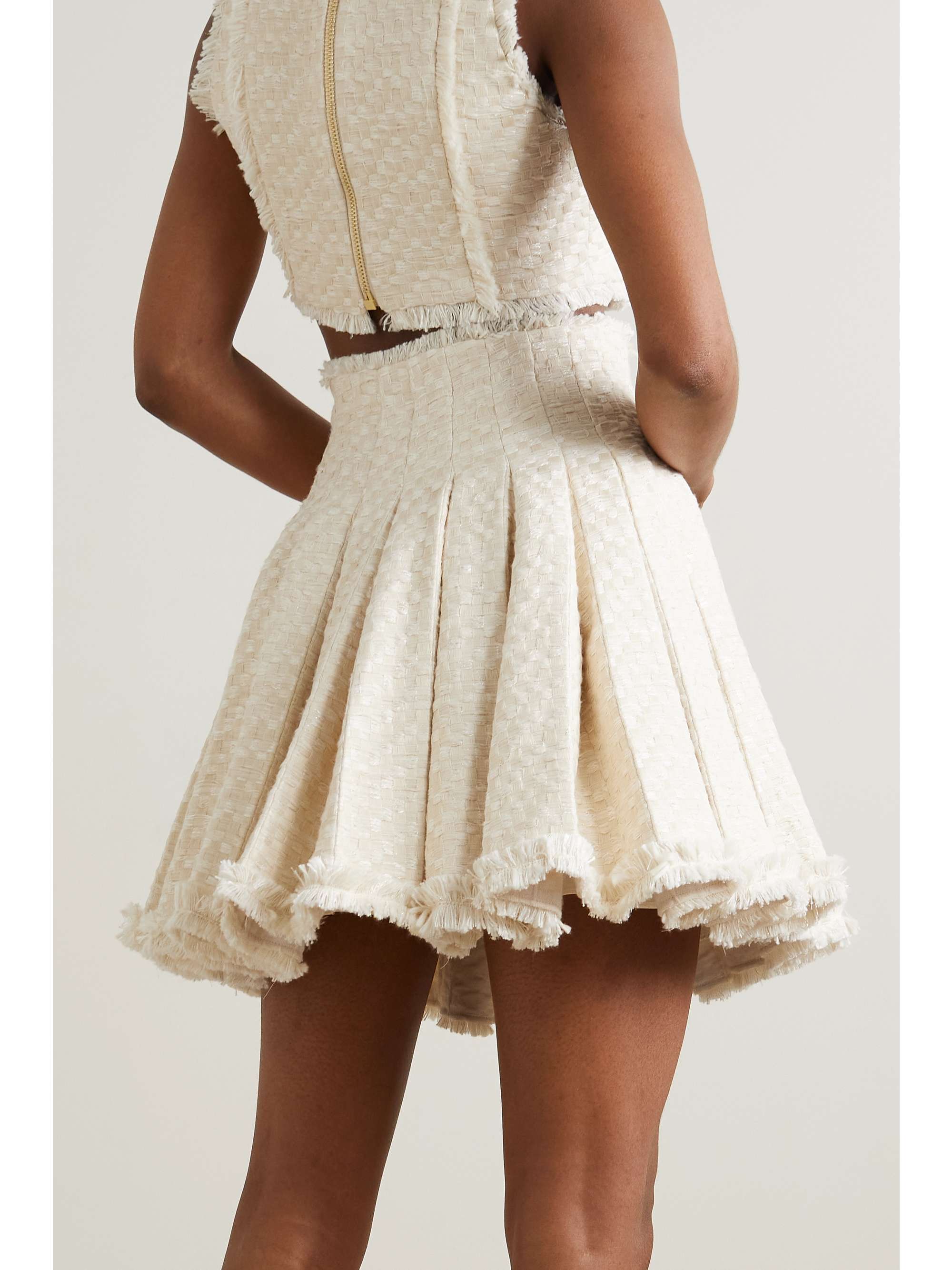 BALMAIN Frayed pleated cotton-blend tweed mini skirt