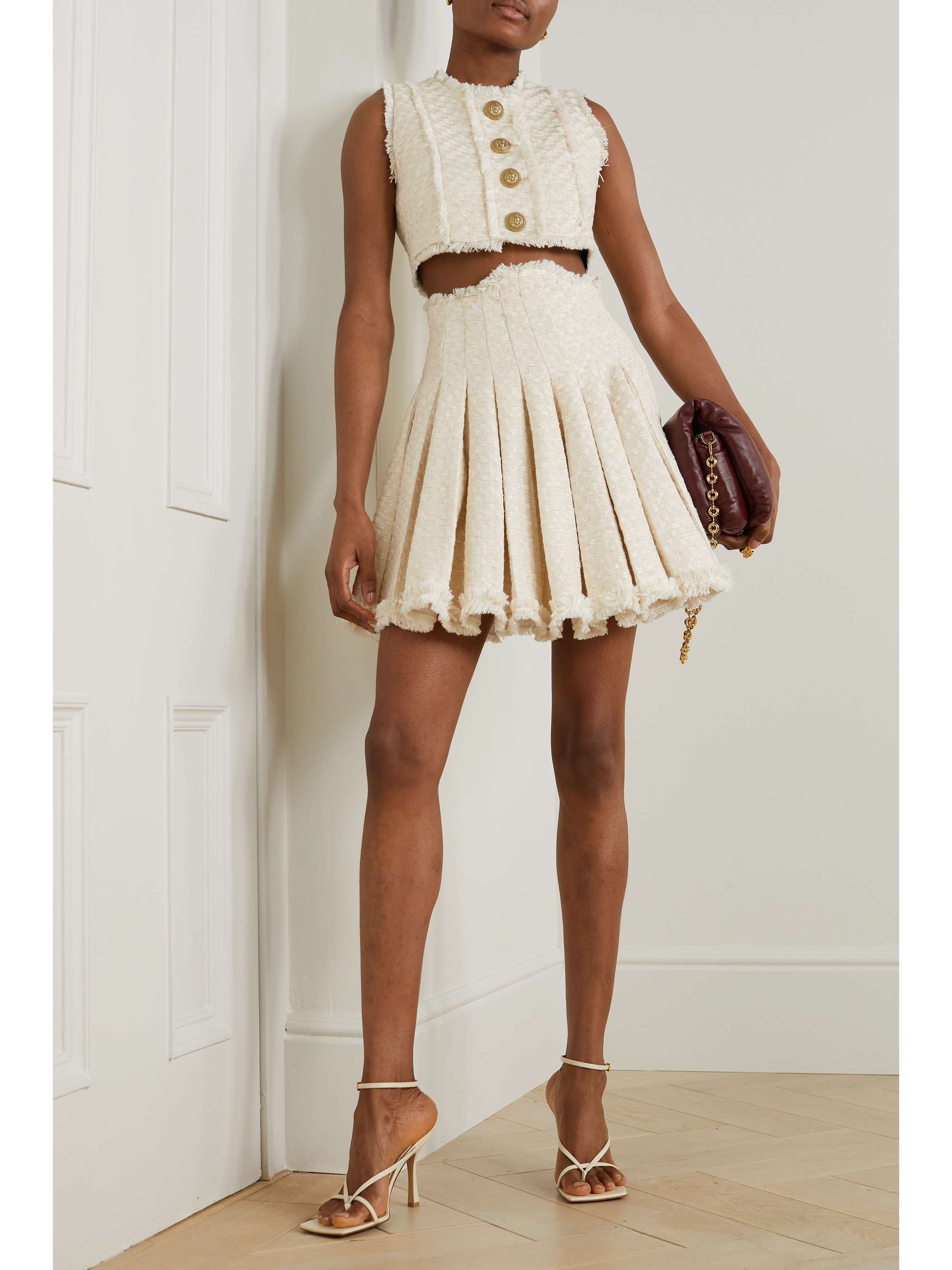 BALMAIN Frayed pleated cotton-blend tweed mini skirt
