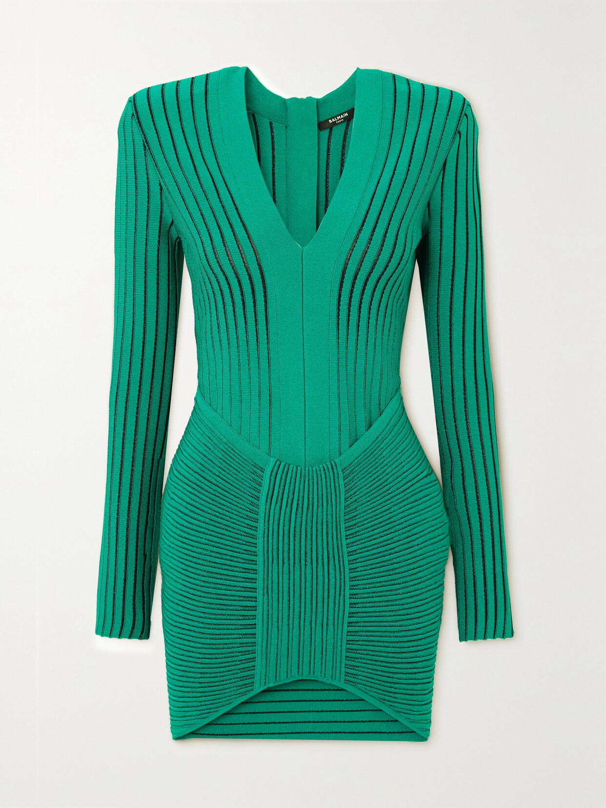 BALMAIN METALLIC RIBBED-KNIT MINI DRESS