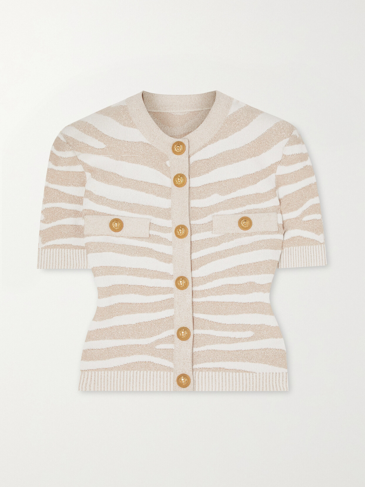 Balmain - Button-embellished Metallic Ribbed-knit Cardigan - Neutrals