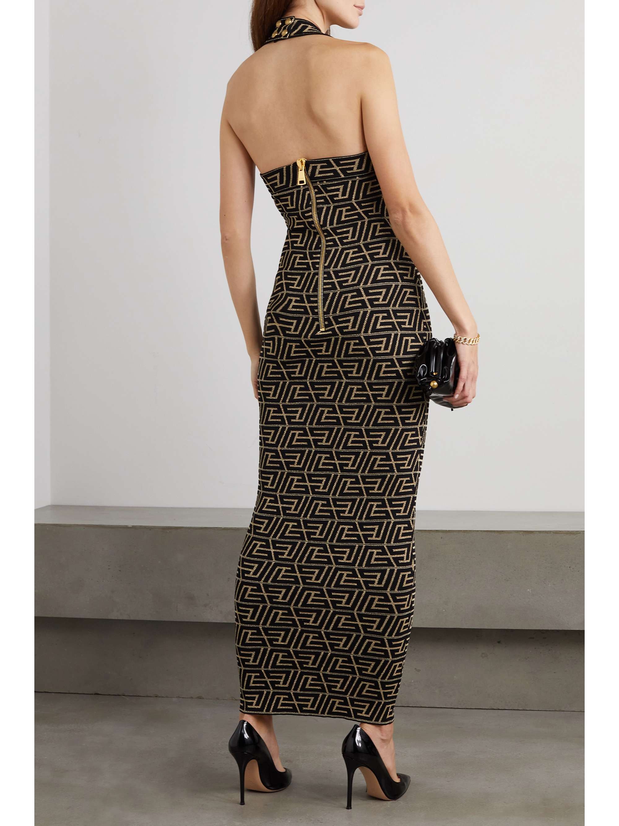 BALMAIN Metallic halterneck jacquardknit maxi dress NETAPORTER