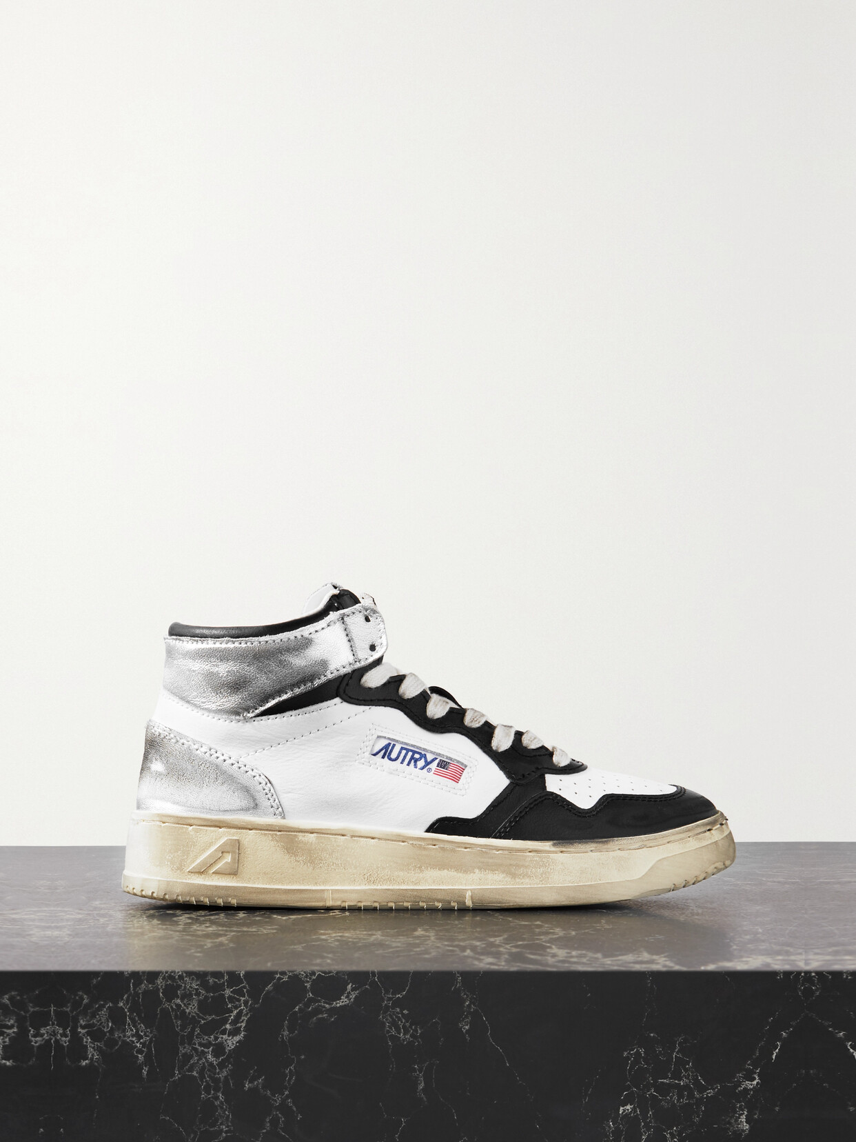 Autry Super Vintage Distressed Leather High-top Sneaker In Black