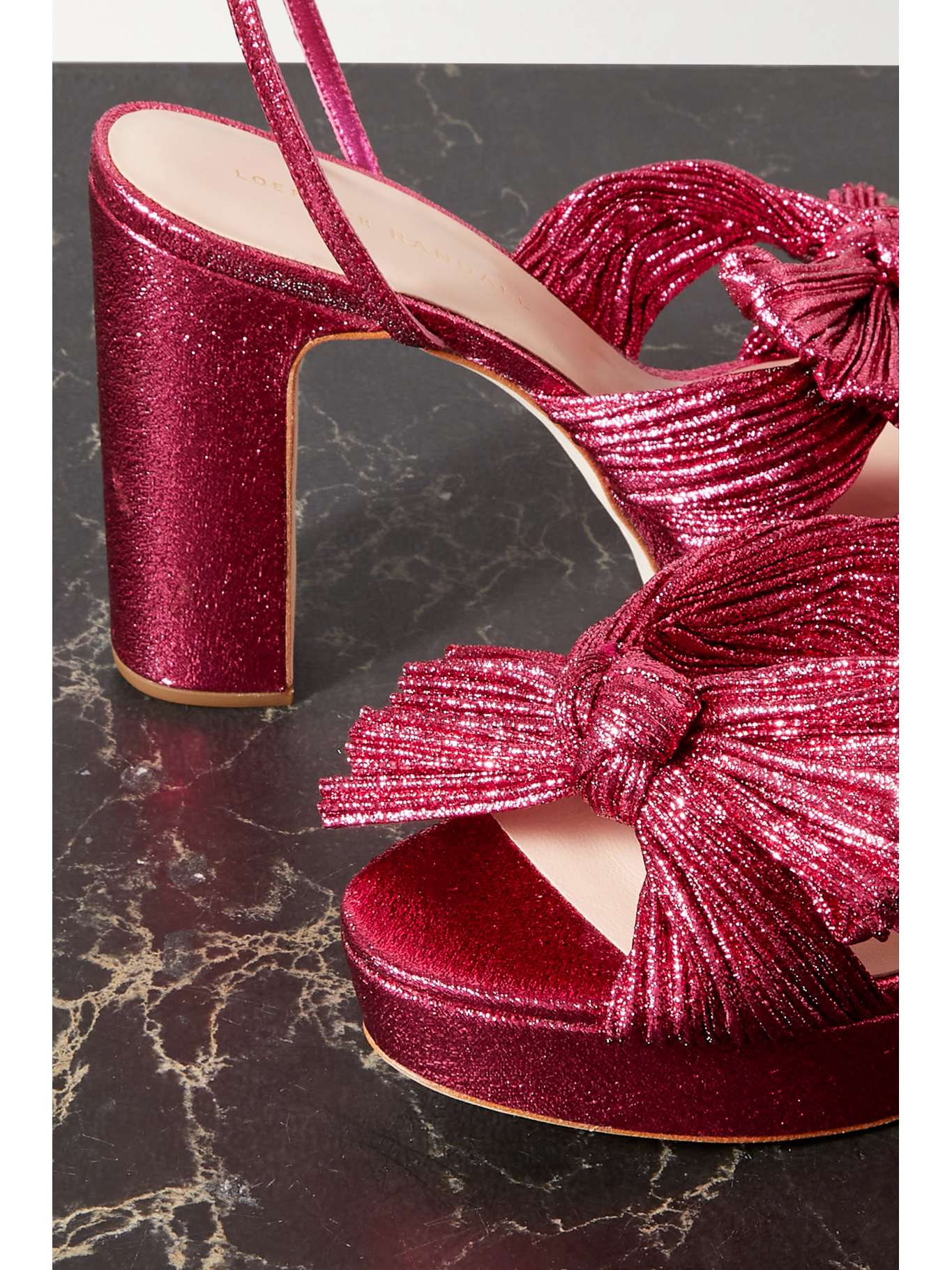 LOEFFLER RANDALL Natalia bow-embellished plissÃ©-lamÃ© platform sandals | NET-A-PORTER US