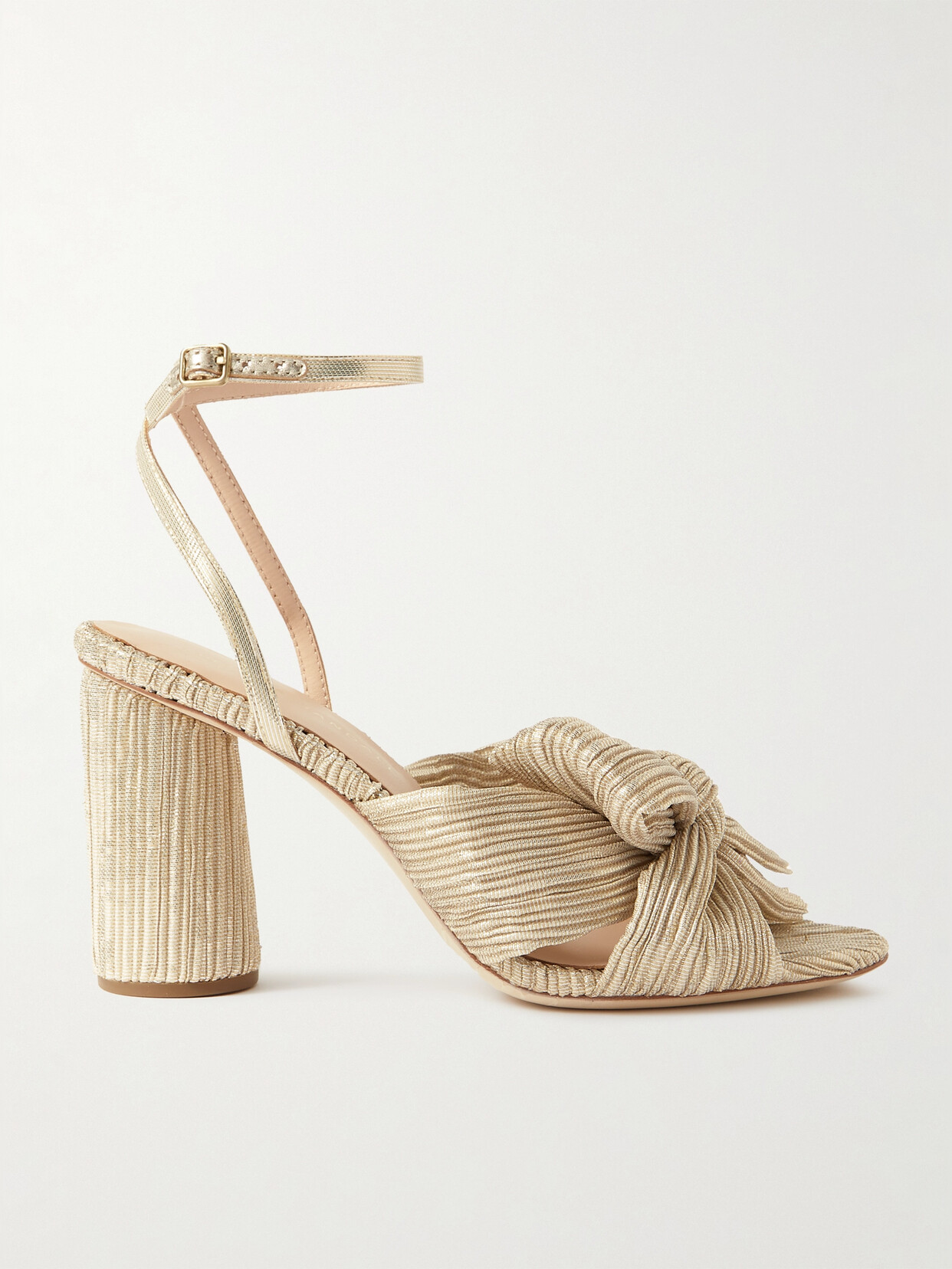 LOEFFLER RANDALL CAMELLIA BOW-EMBELLISHED METALLIC LAMÉ SANDALS