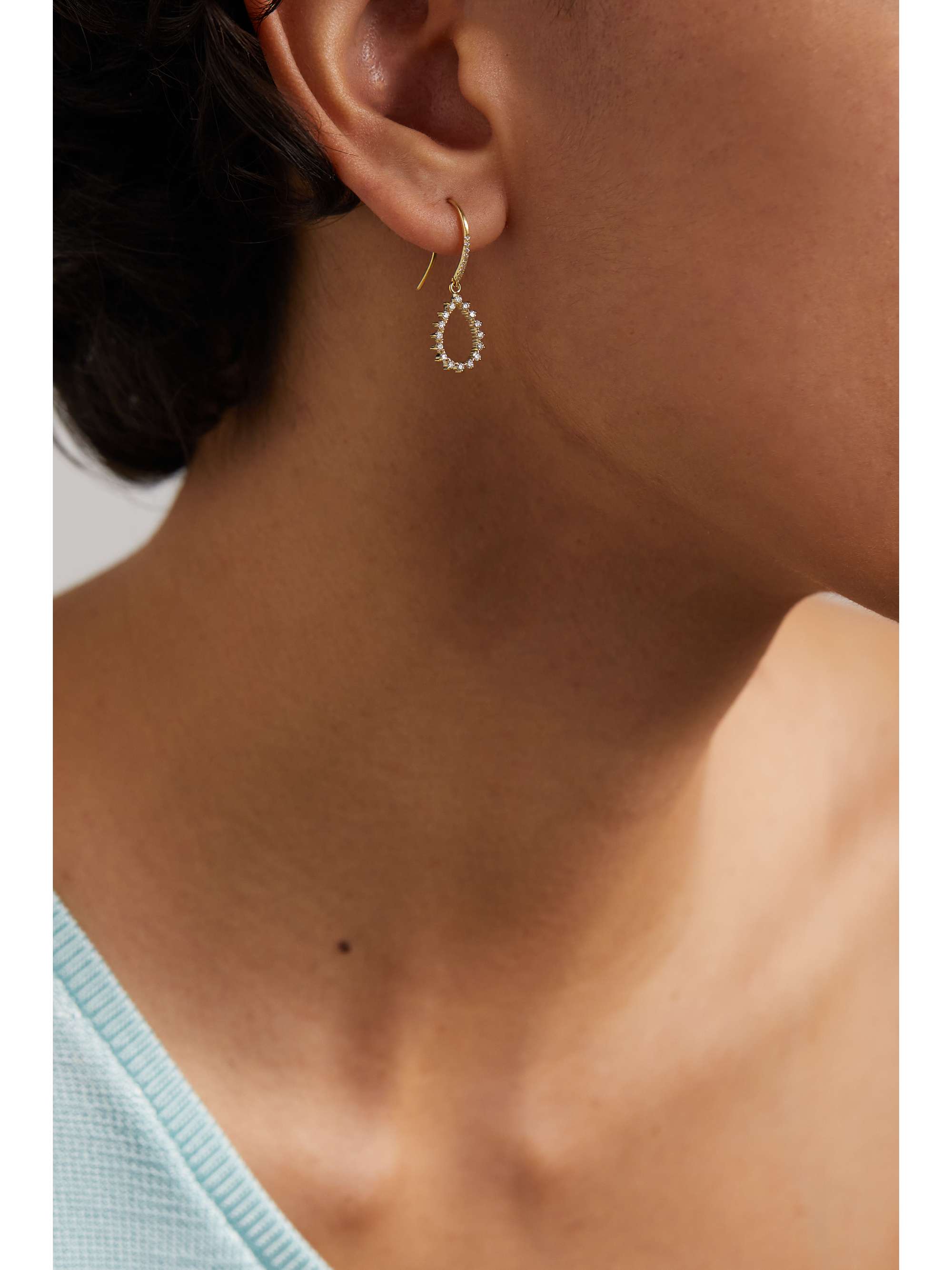 JENNIFER MEYER Mini Open Teardrop 18-karat gold, turquoise and diamond earrings
