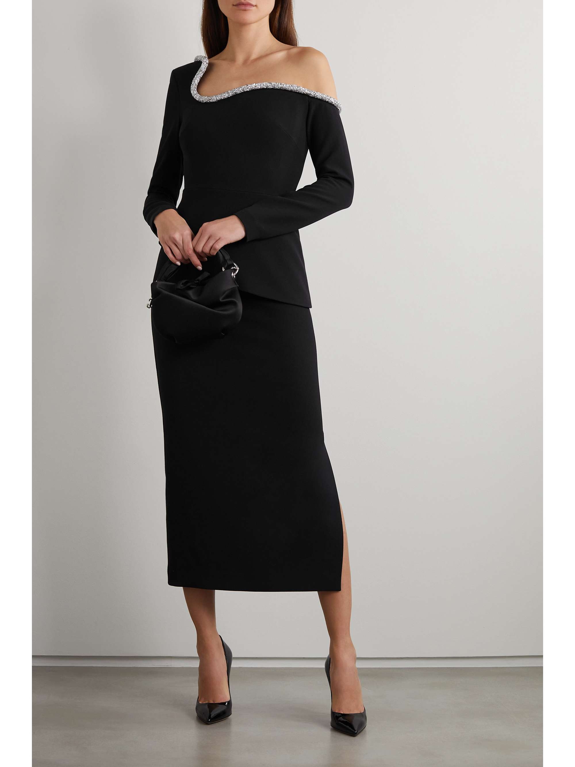SAFIYAA Constanza one-shoulder crystal-embellished stretch-crepe midi dress