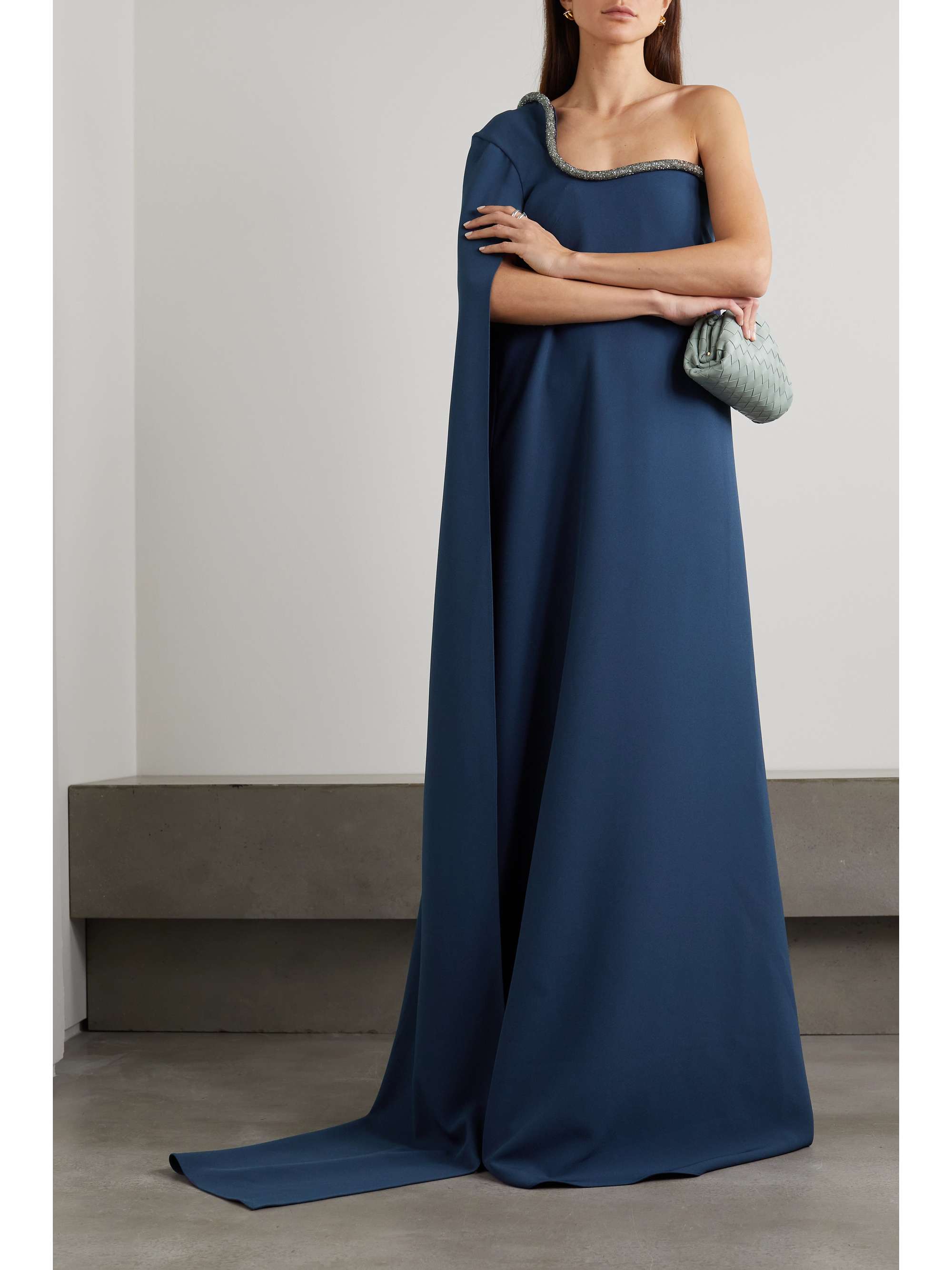 SAFIYAA Nouvella cape-effect crystal-embellished stretch-crepe gown