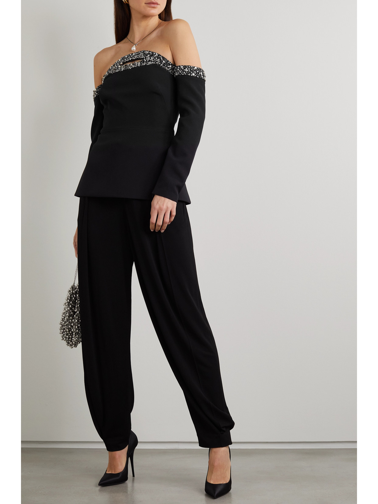 Roisin Off-The-Shoulder Cutout Embellished Crepe Top
