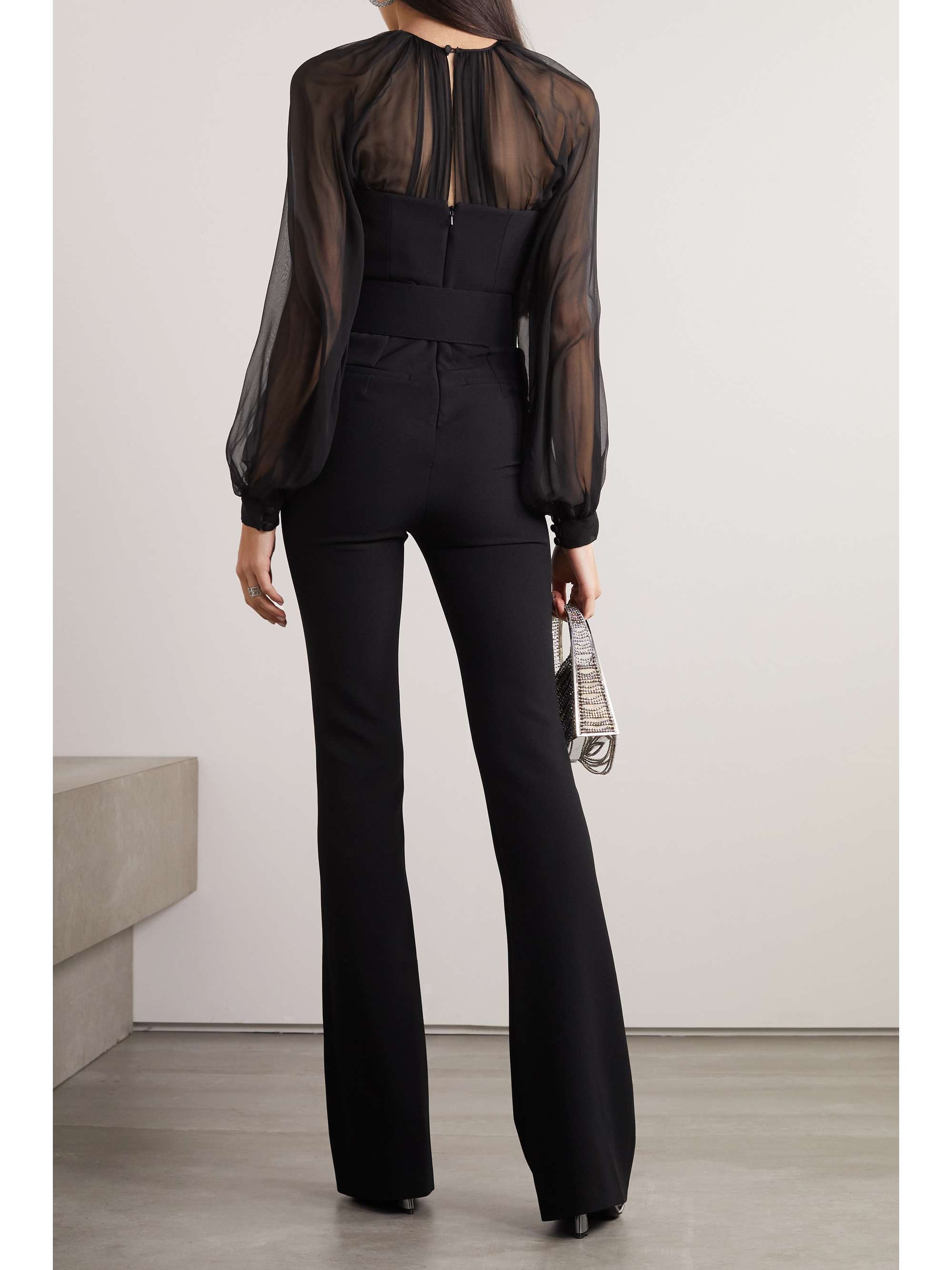 SAFIYAA Aternia belted crystal-embellished stretch-crepe and silk-chiffon jumpsuit