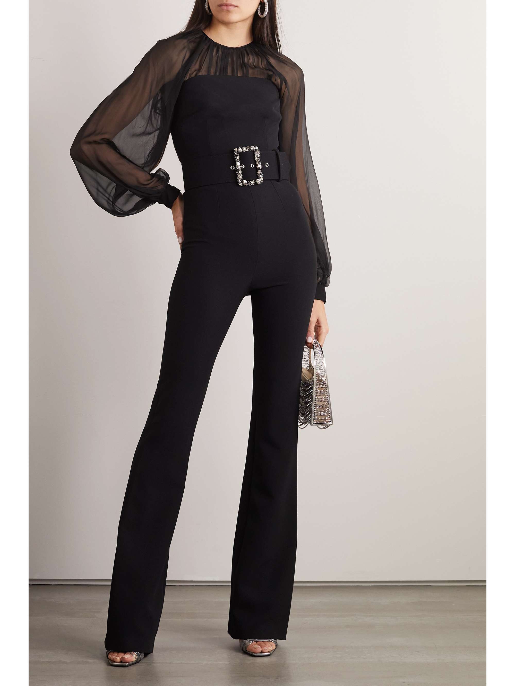 SAFIYAA Aternia belted crystal-embellished stretch-crepe and silk-chiffon jumpsuit