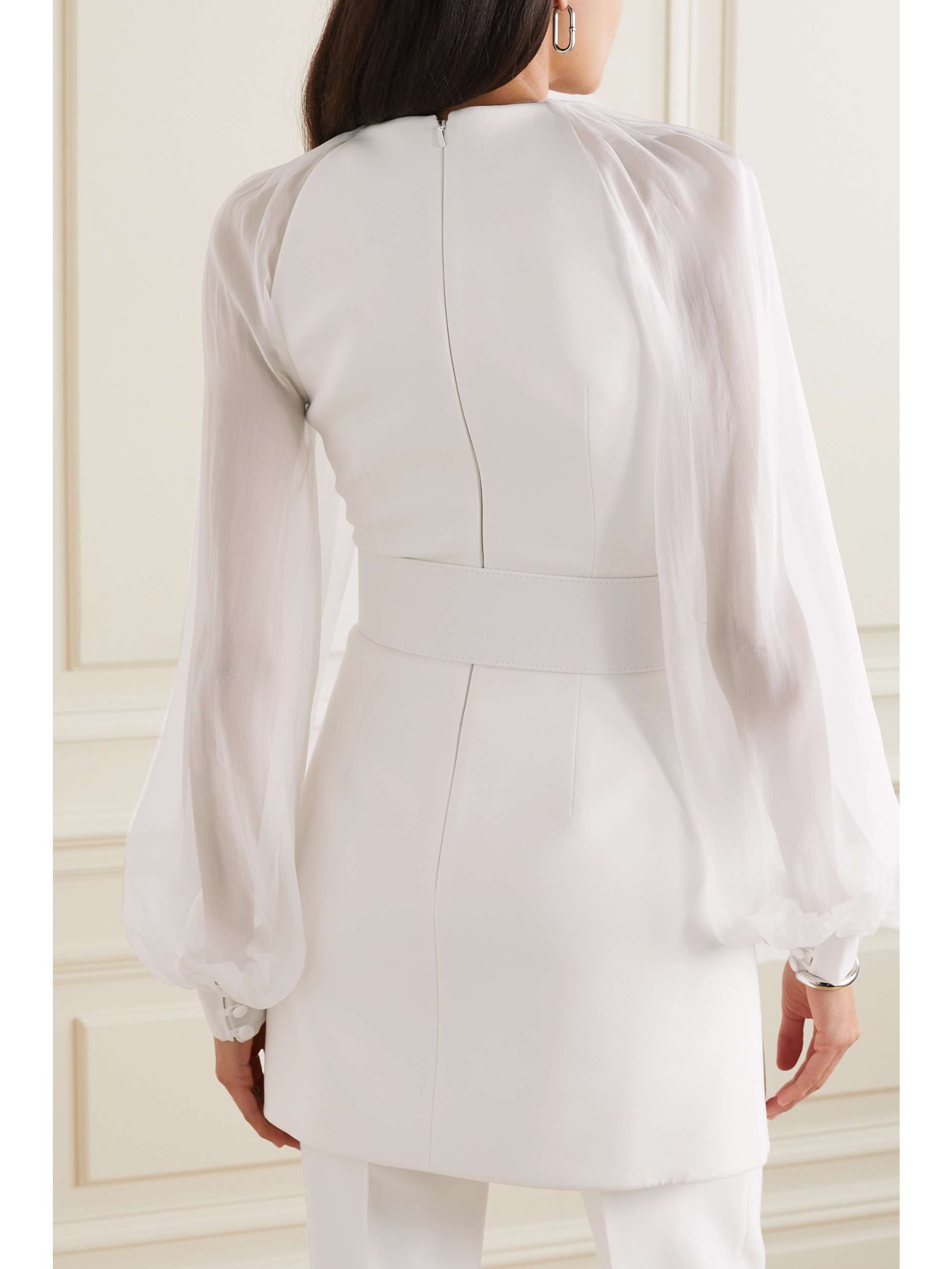 SAFIYAA Caoimhe belted embellished stretch-crepe and silk-chiffon top