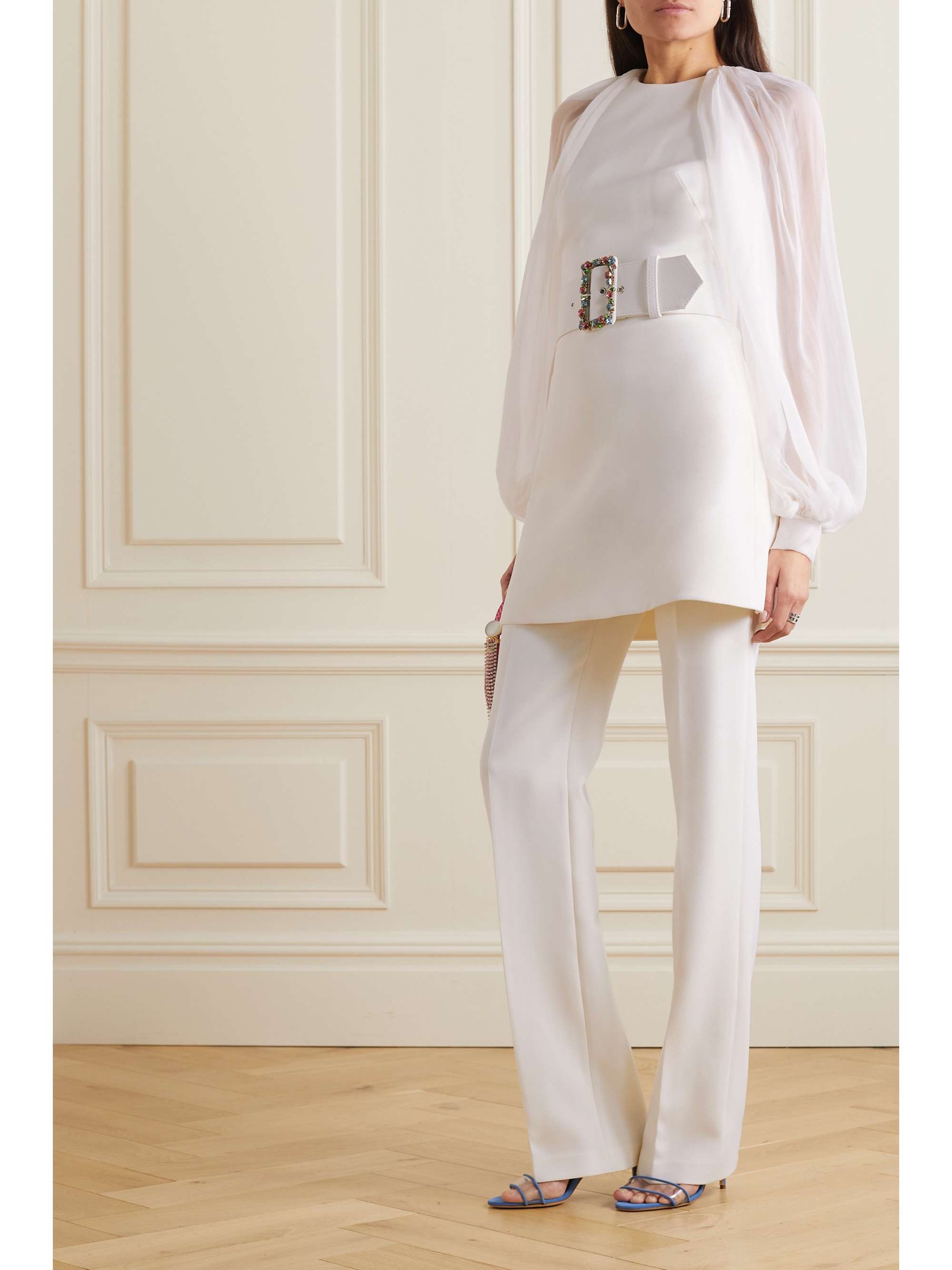 SAFIYAA Caoimhe belted embellished stretch-crepe and silk-chiffon top