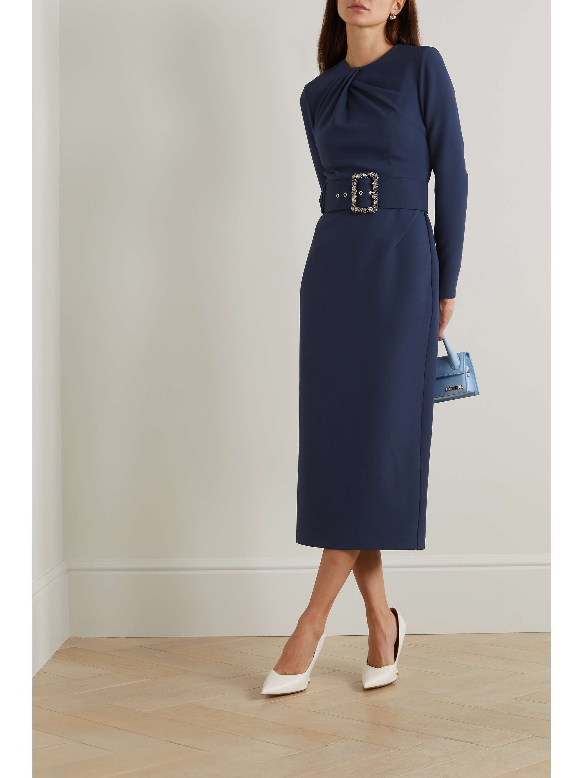 SAFIYAA Brunna belted crystal-embellished stretch-crepe midi dress