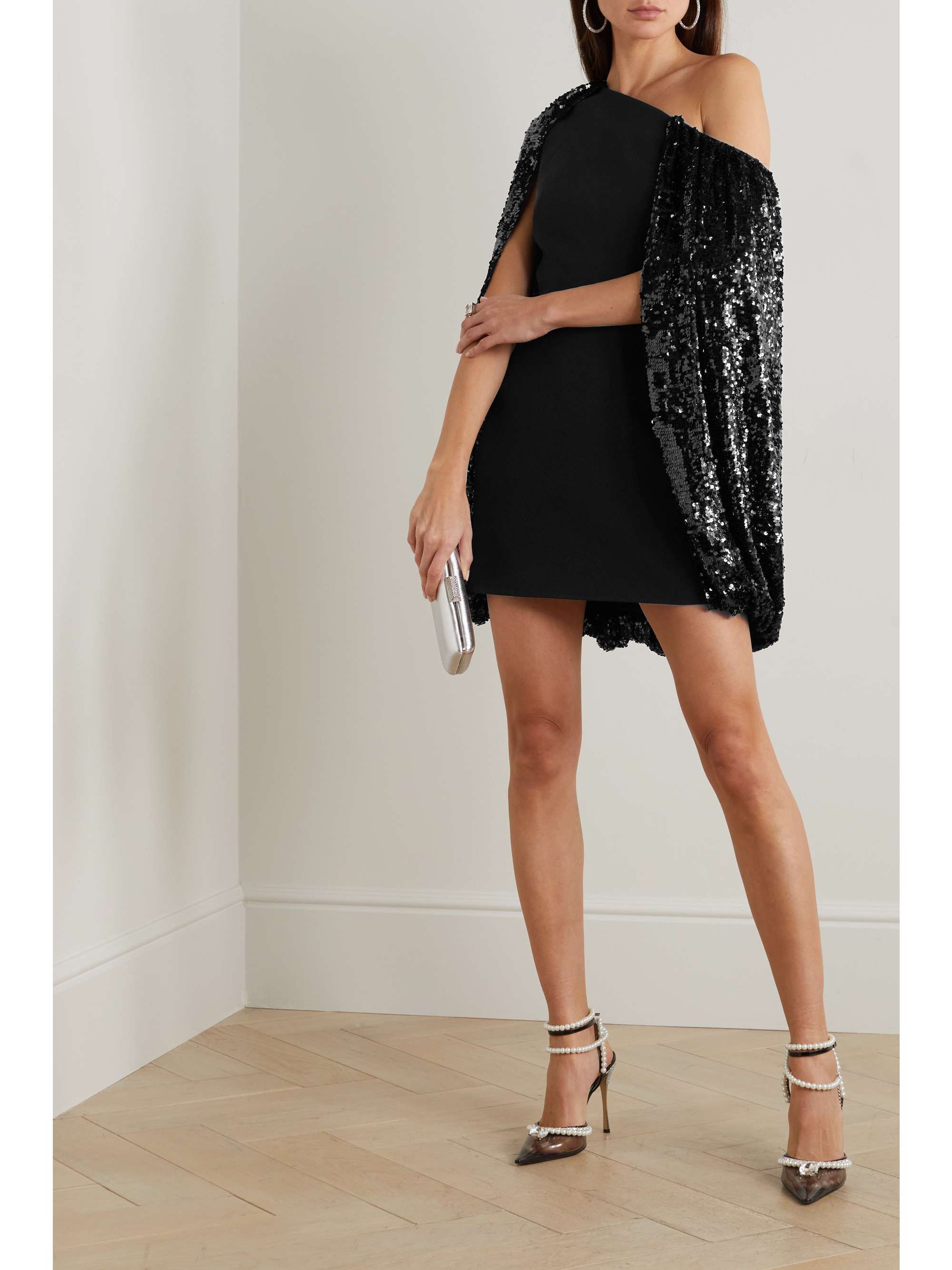 SAFIYAA Janie one-shoulder cape-effect sequined crepe mini dress