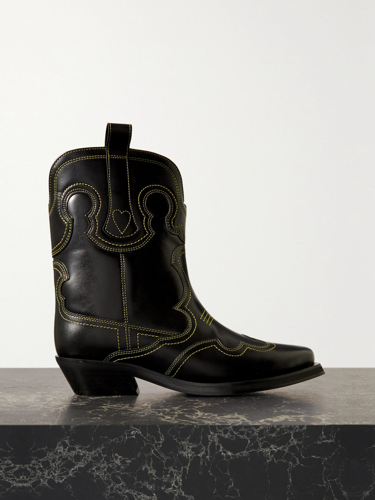 GANNI Embroidered Leather Cowboy Boots - Black