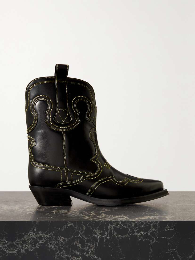 Ganni Embroidered Leather Cowboy Boots