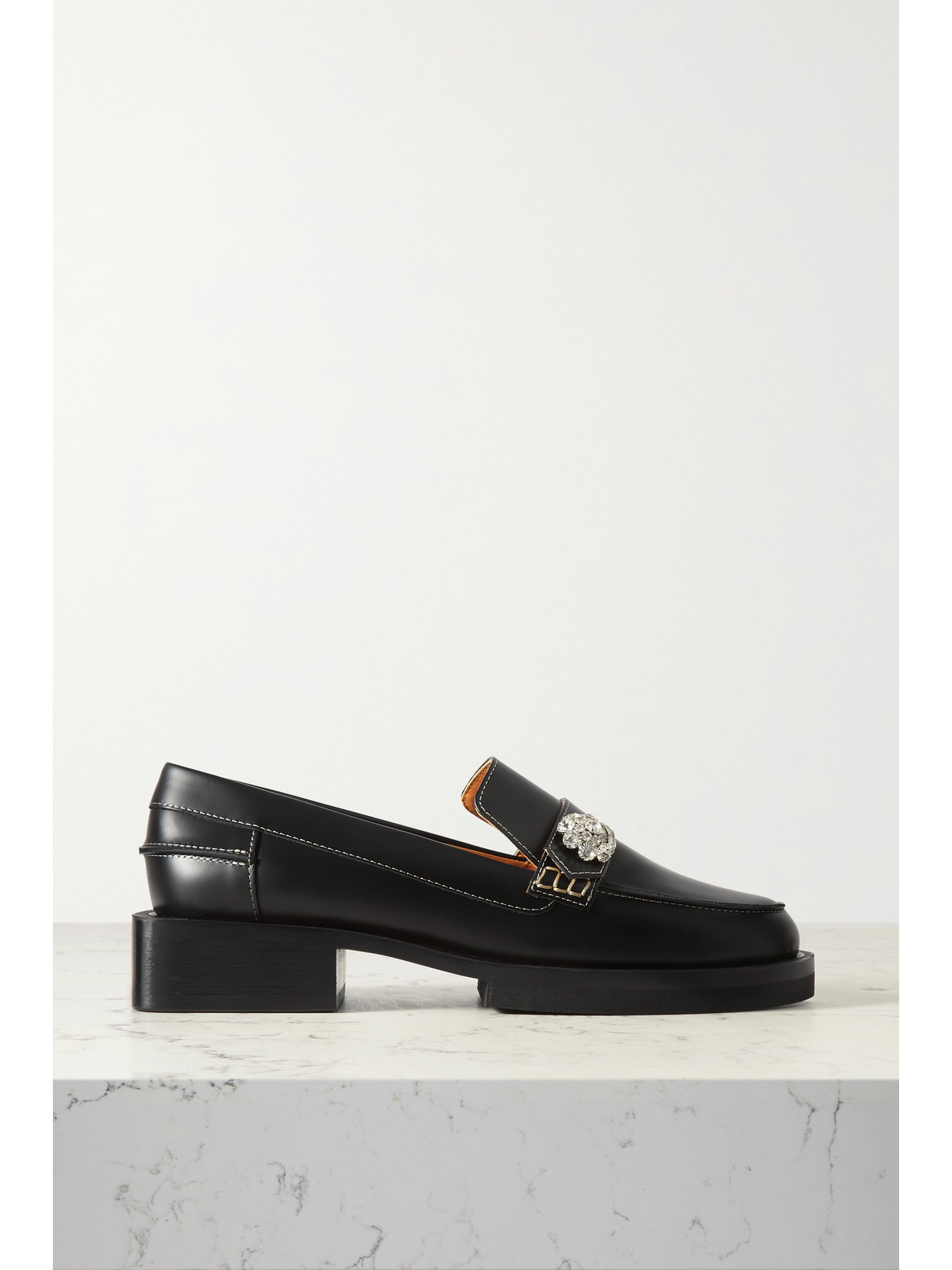 Shop Ganni Embellished Leather Loafers In Black