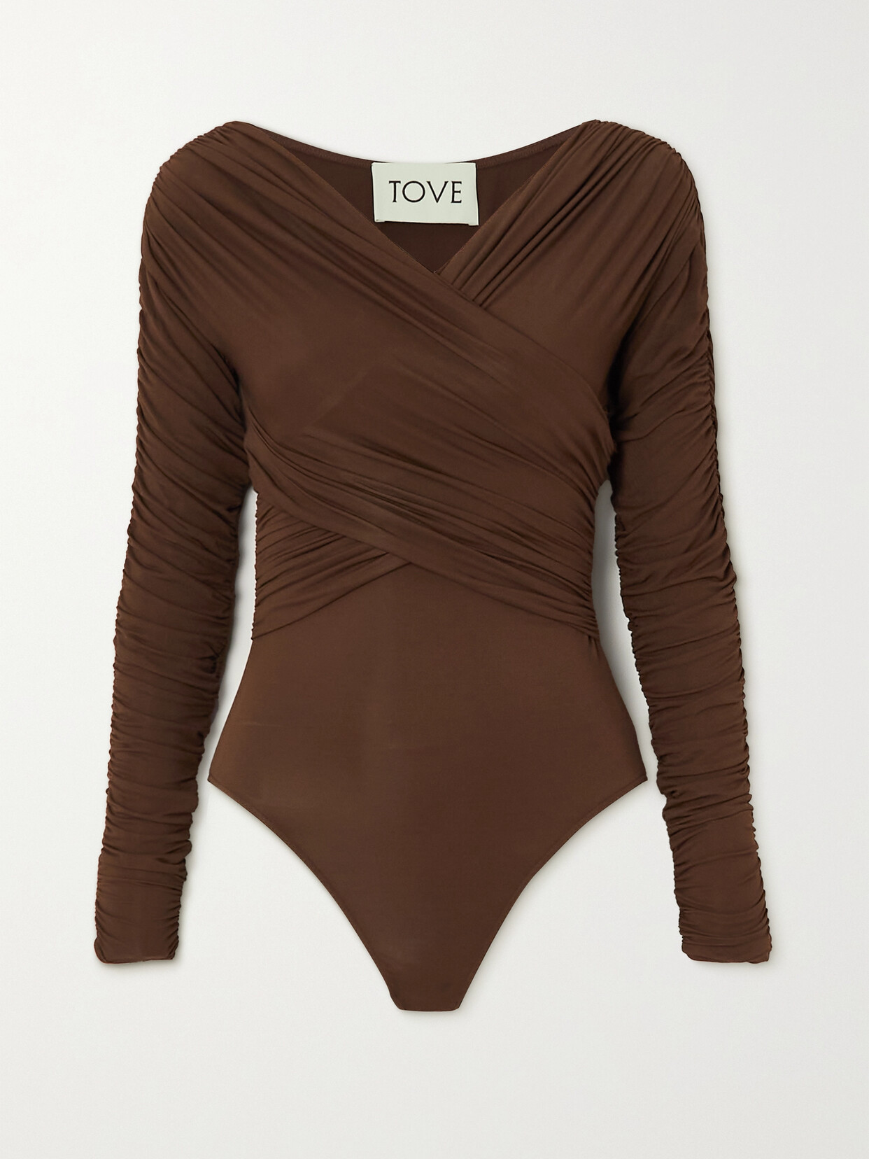 Shop Tove Joni Wrap-effect Ruched Stretch-jersey Bodysuit In Brown